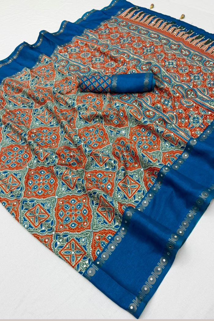 Buy MySilkLove Maroon Border Black and White Ajrakh Printed Satin Silk Saree Online