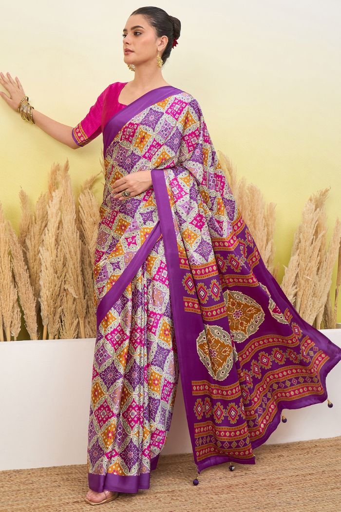 Buy MySilkLove Periwinkle Purple Patola Printed Satin Crepe Silk Saree Online