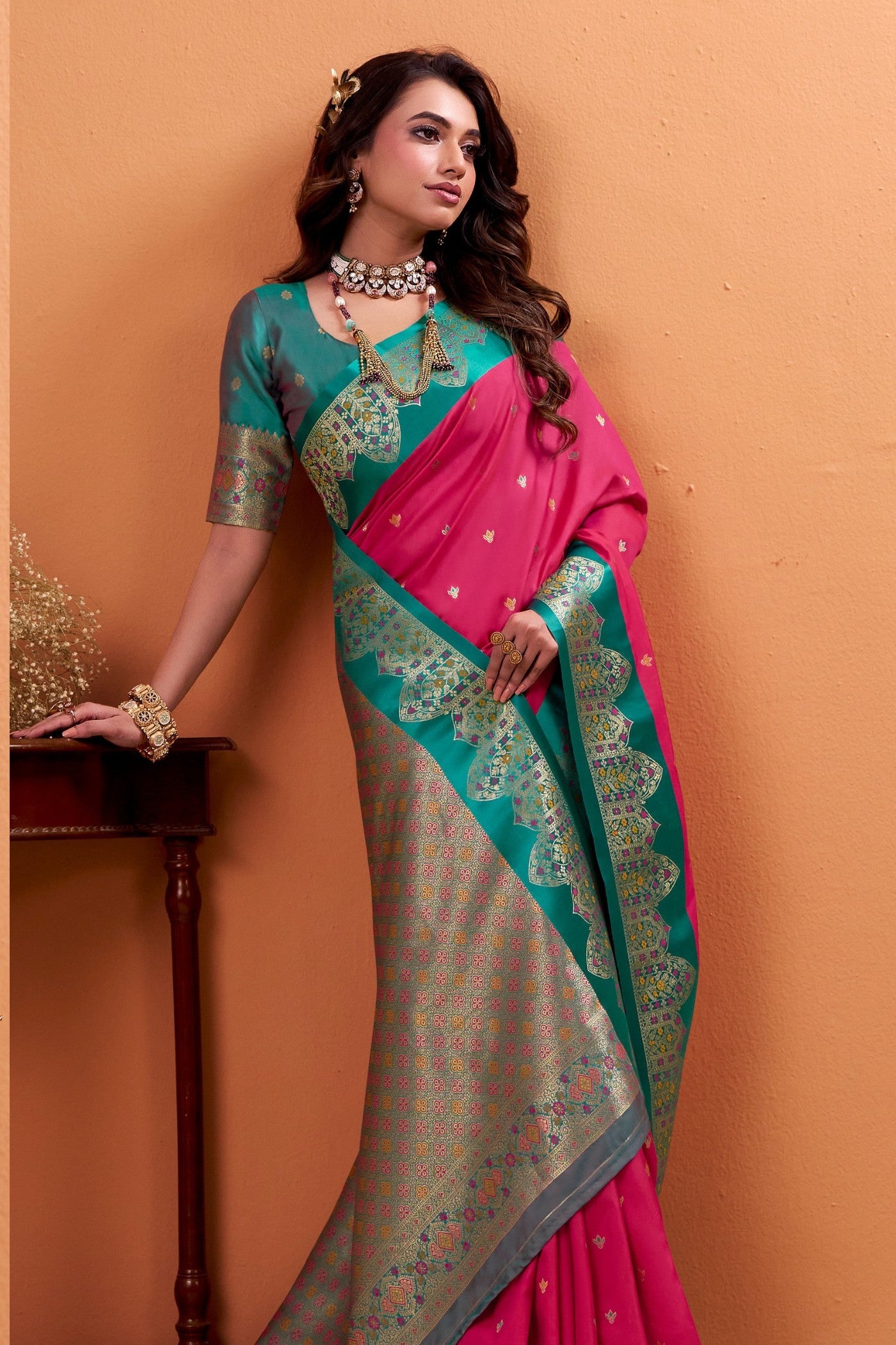 MySilkLove Baker Pink Woven Satin Soft Silk Saree