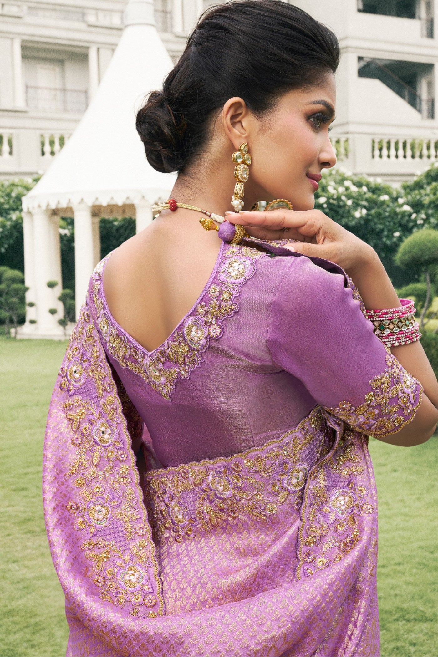 Buy MySilkLove Viola Pink Banarasi Designer Embroidered Saree Online