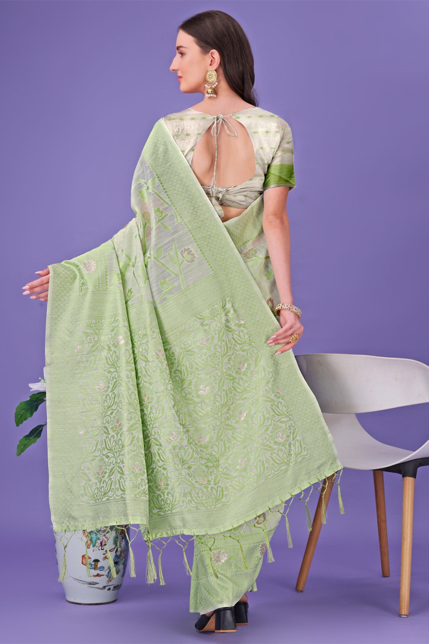 Buy MySilkLove Pista Green Linen Cotton Saree Online