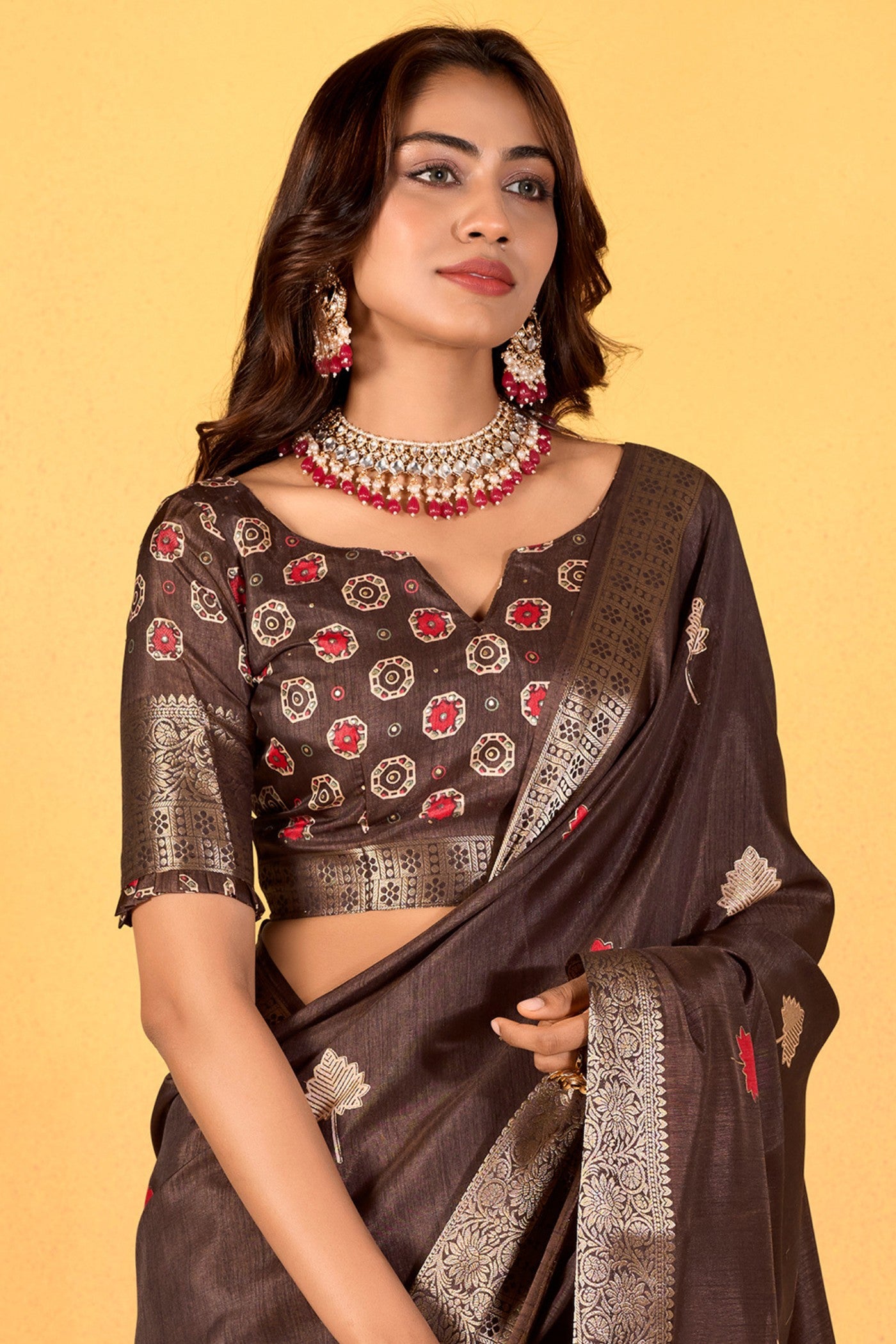 Buy MySilkLove Caramel Brown Woven Dola Silk Saree Online