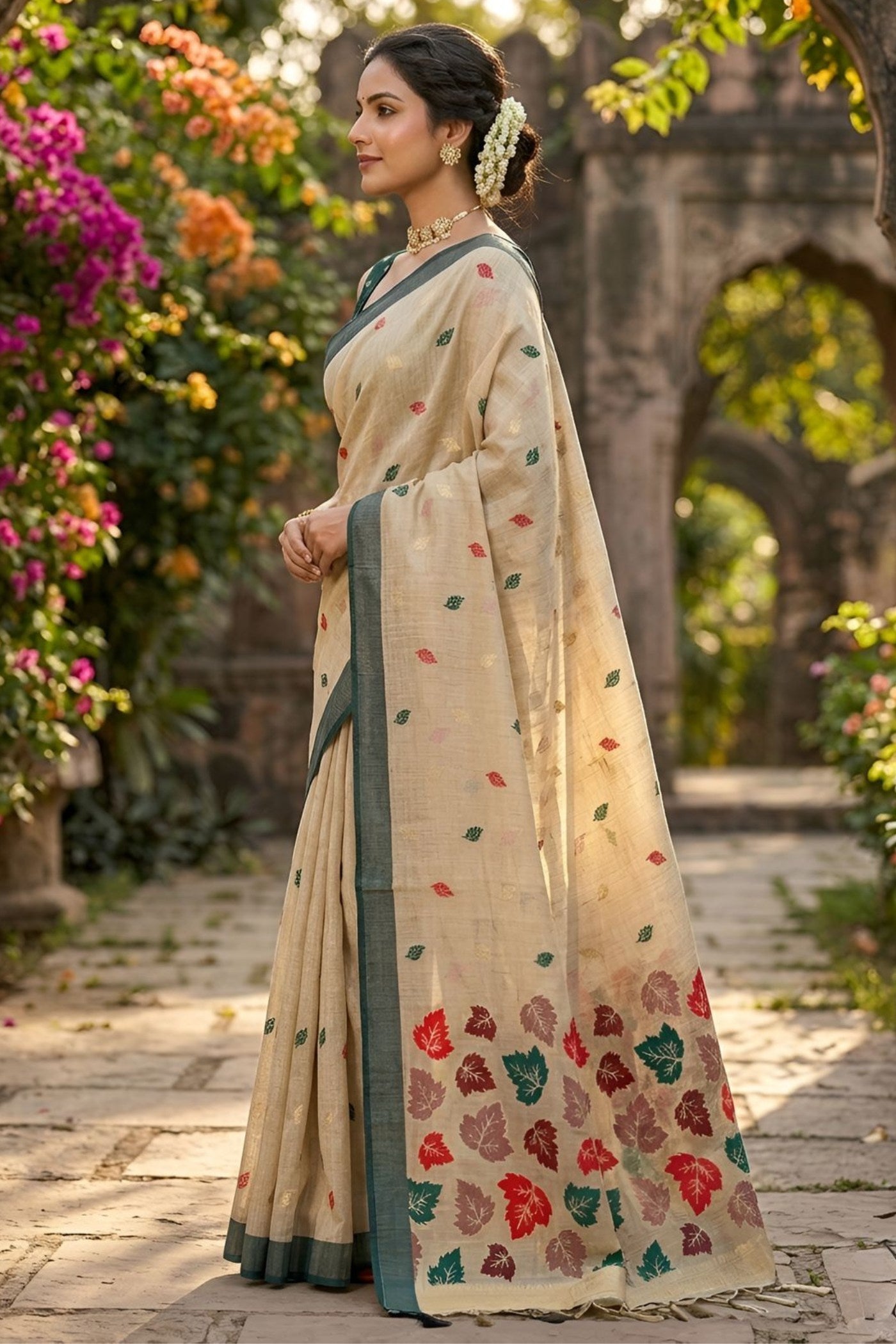 Buy MySilkLove Champagne Cream Woven Linen Saree Online