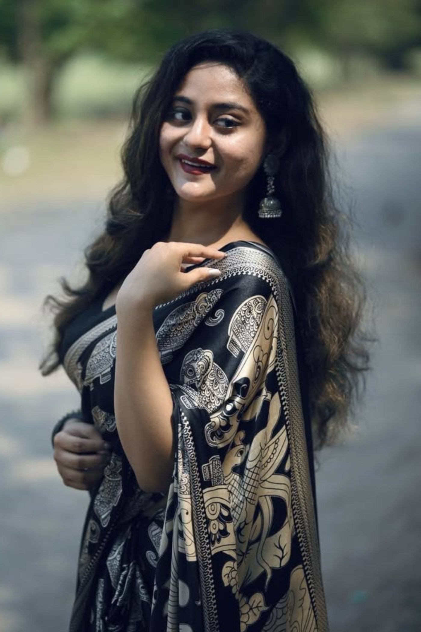 Buy MySilkLove Black Eel Ajrakh Printed Satin Crepe Silk Saree Online