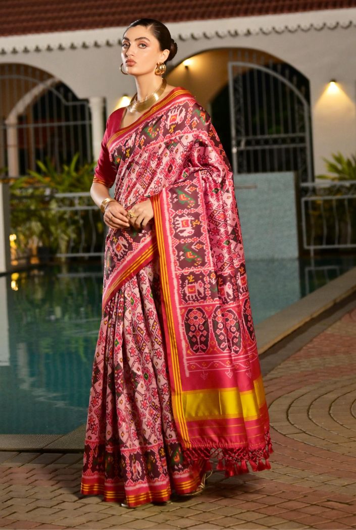 Buy MySilkLove Peony Pink Printed Patola Soft Silk Saree Online