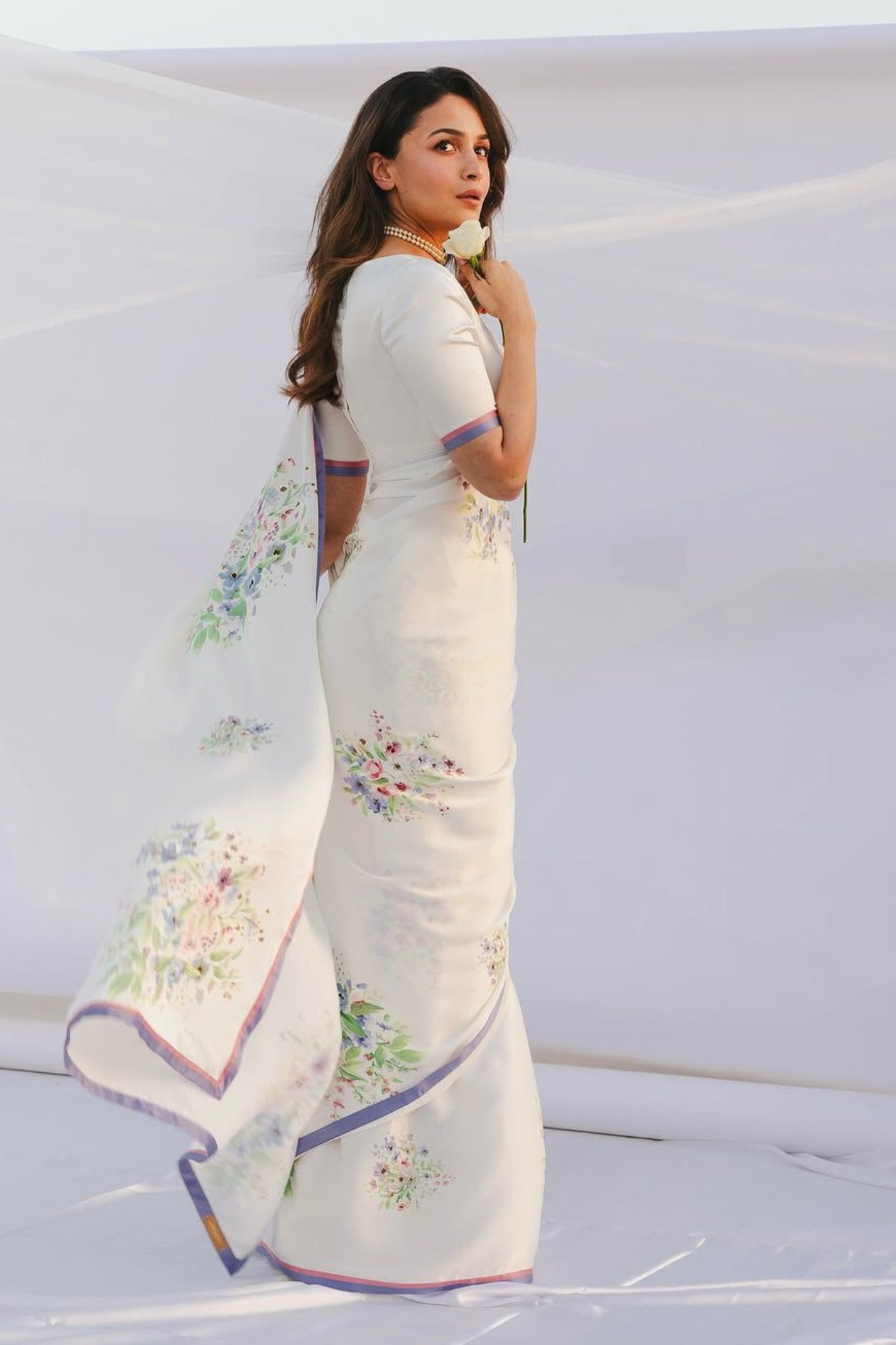 Buy MySilkLove Alia Bhatt Inspired Daisy White Floral Printed Satin Silk Saree Online