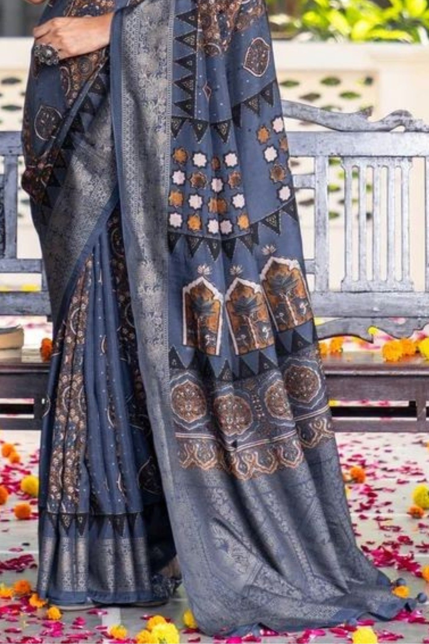 Buy MySilkLove Cloudy Grey Ajrakh Digital Printed Satin Saree Online