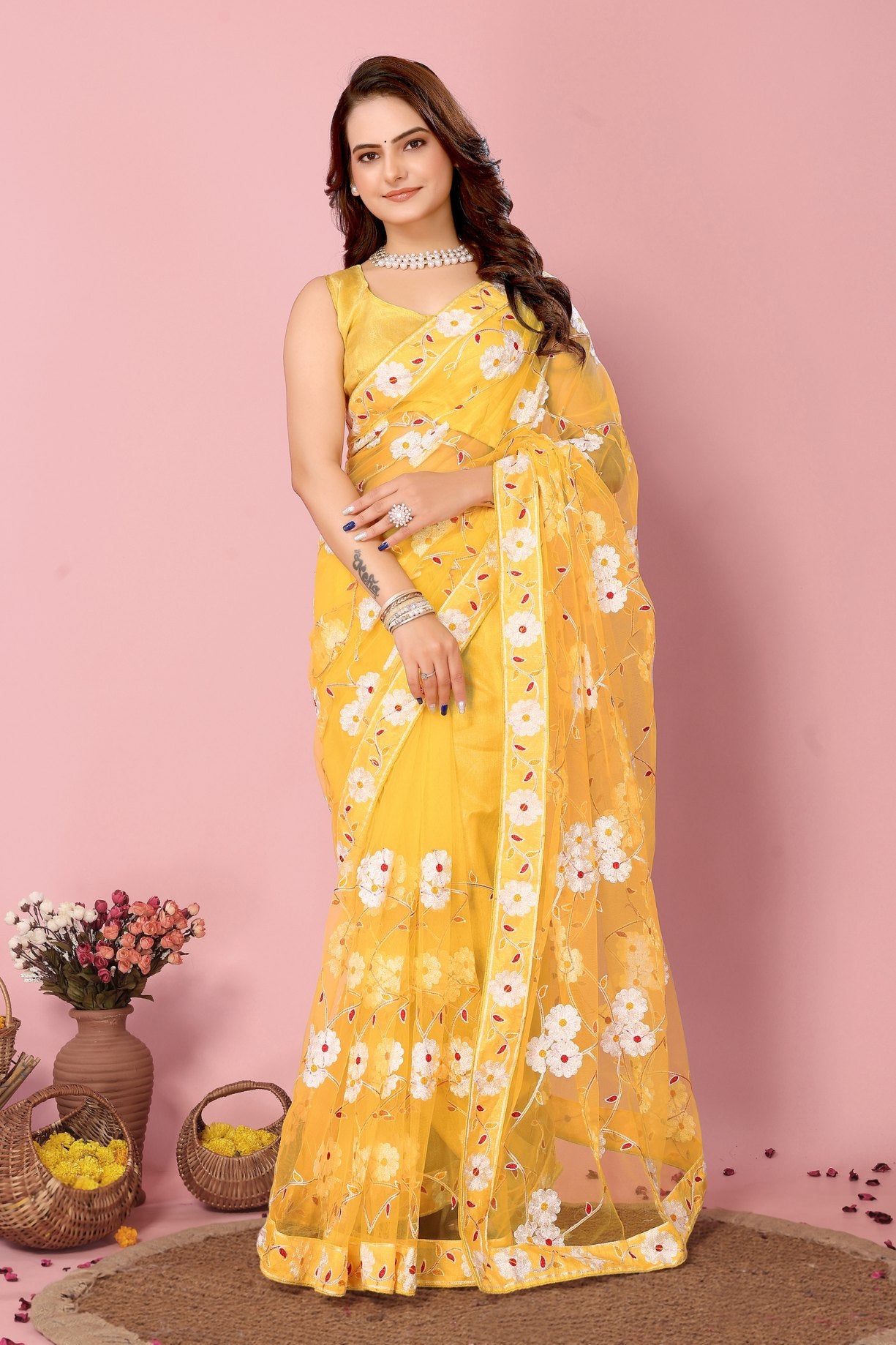 Buy MySilkLove Dandelion Yellow Woven Designer Embroidered Saree Online