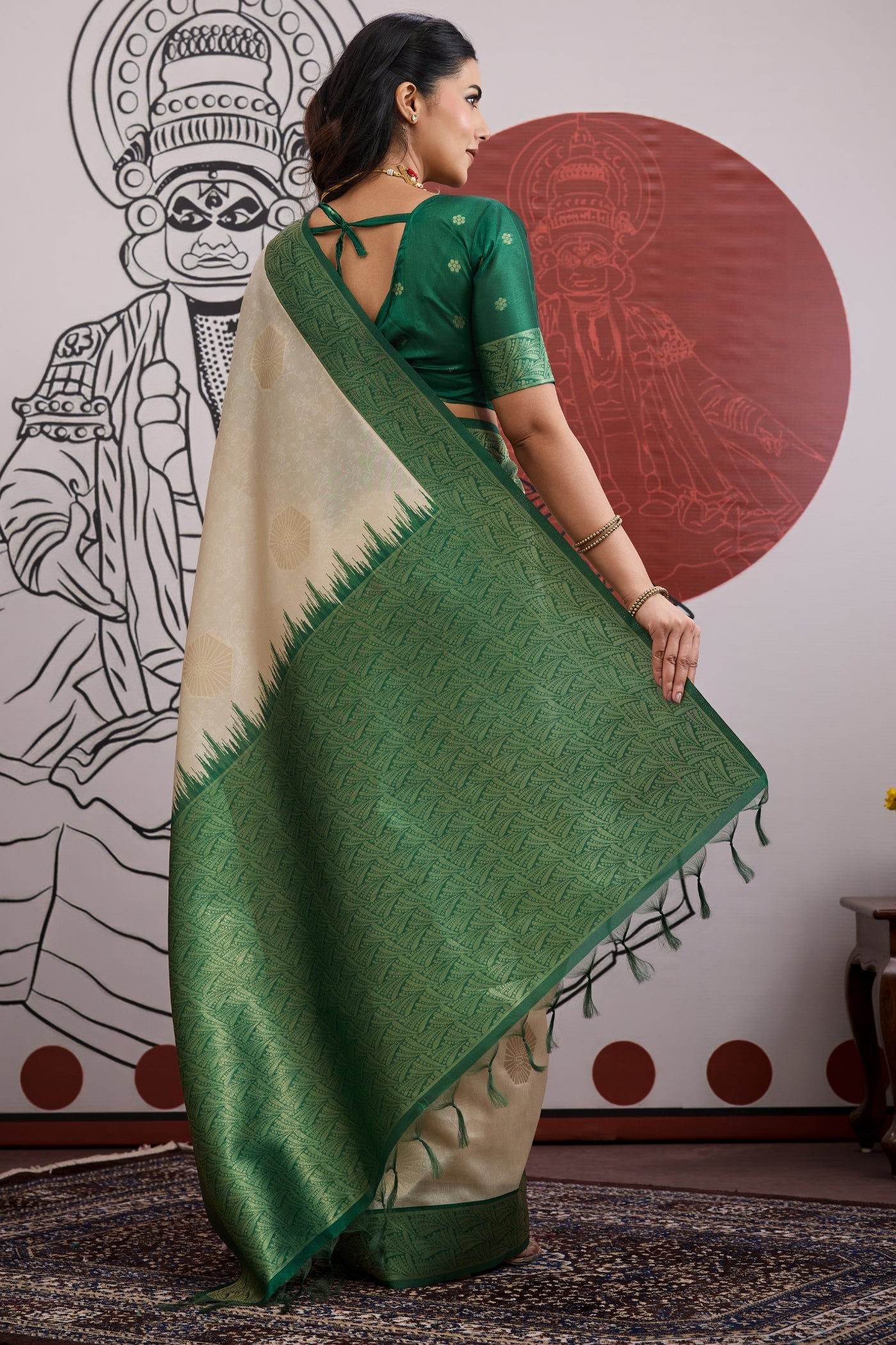 Buy MySilkLove Windsor Cream and Green Handloom South Silk Saree Online