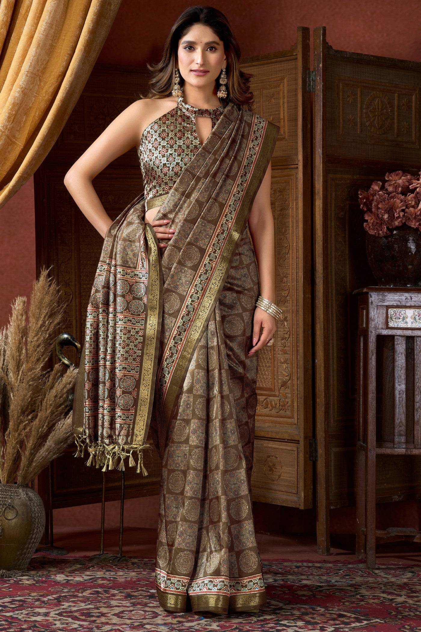Buy MySilkLove Forest Green Ajrakh Printed Saree Online