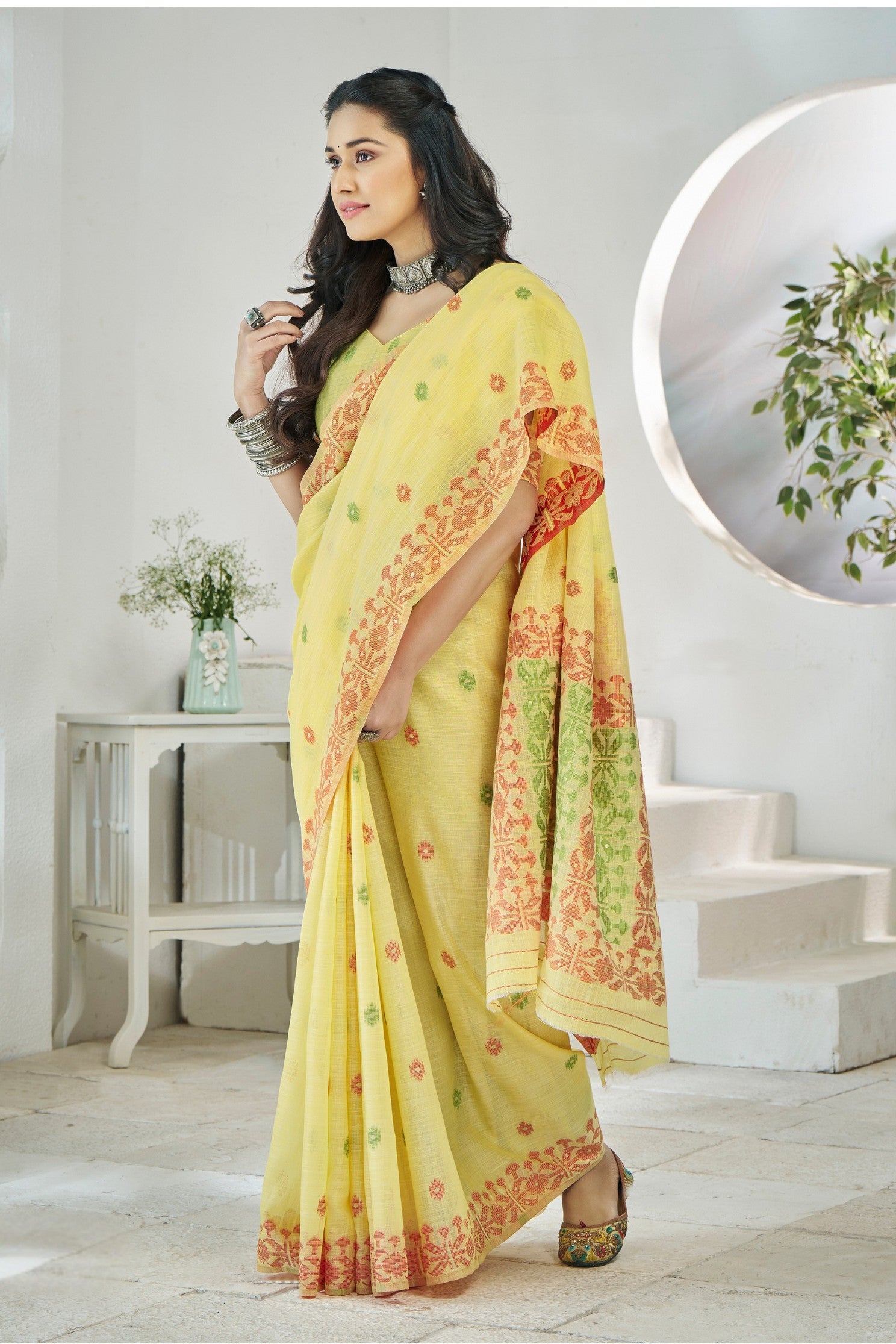 MySilkLove Laser Yellow Woven Linen Saree