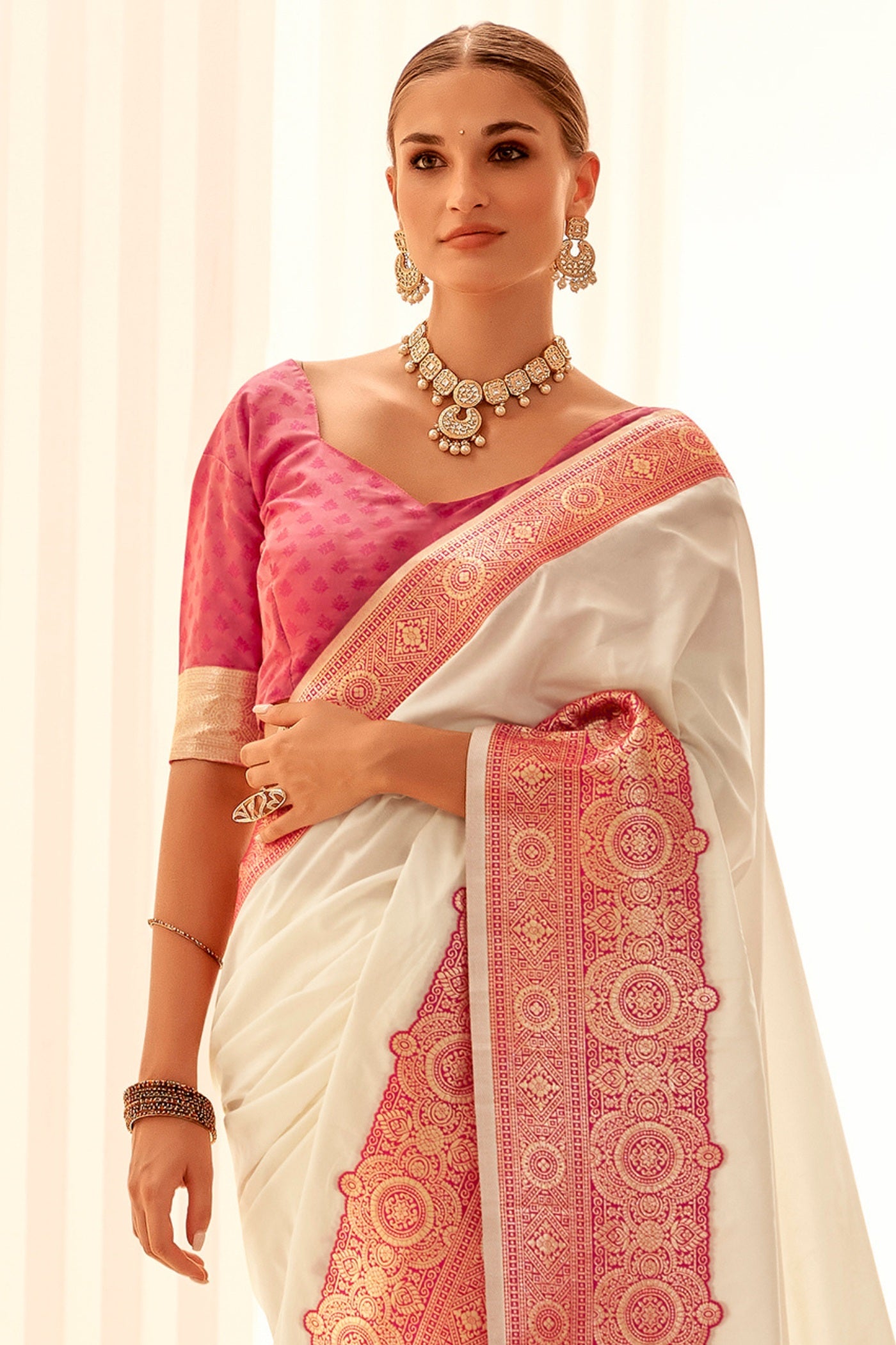 Buy MySilkLove Milk White Woven Banarasi Soft Silk Saree Online