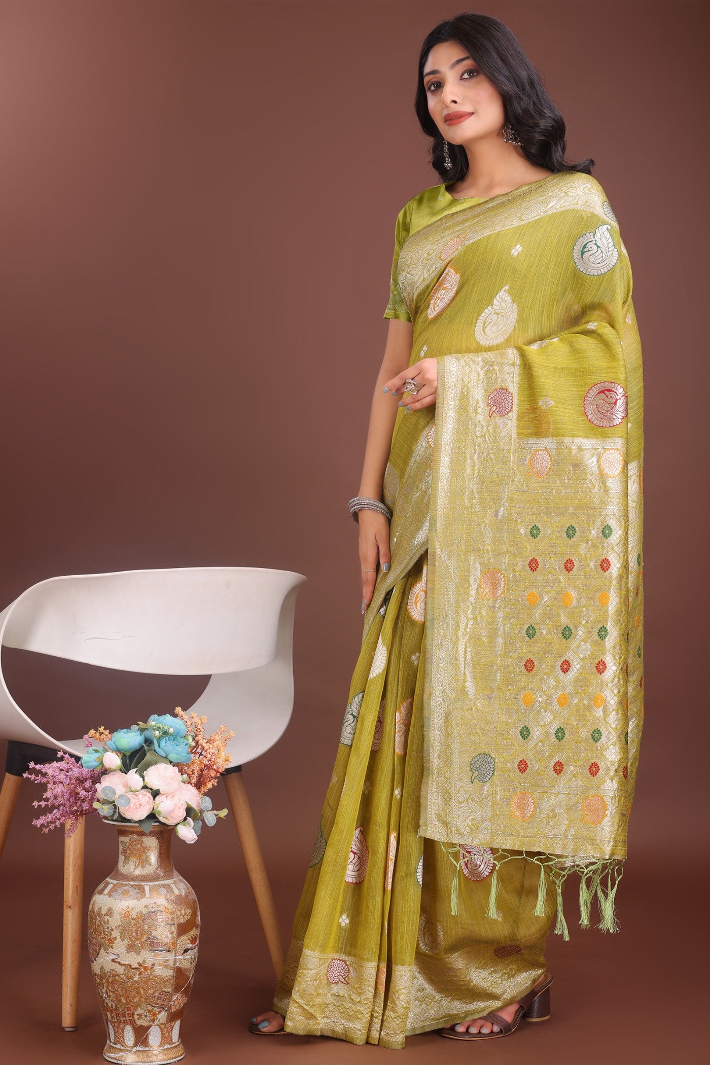 Buy MySilkLove Slime Green Linen Cotton Saree Online