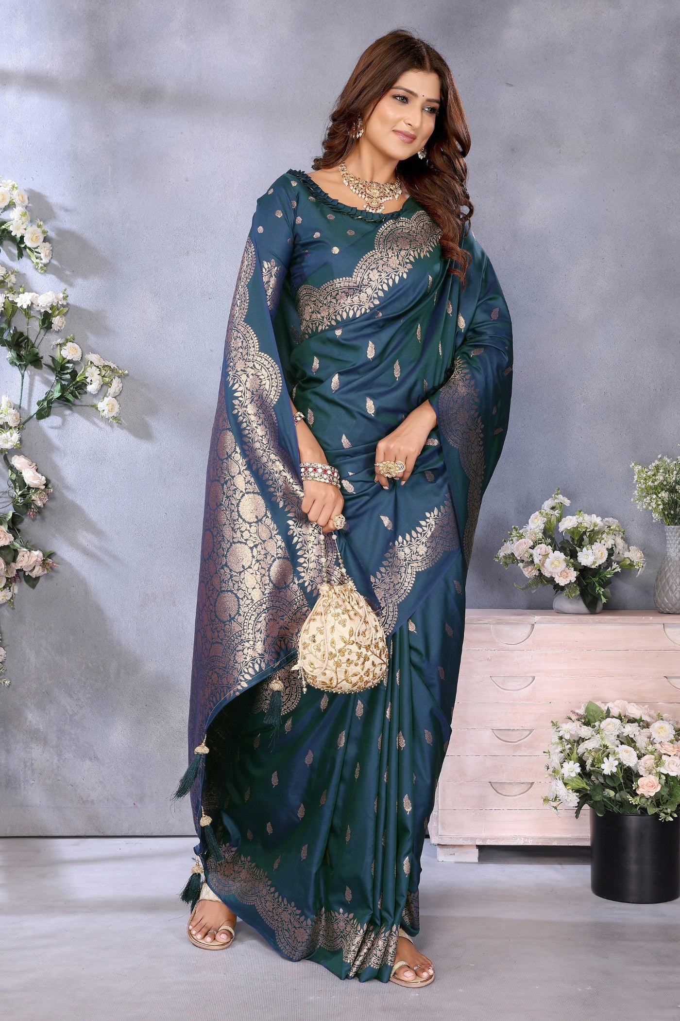 Buy MySilkLove Teal Blue Woven Banarasi Saree Online