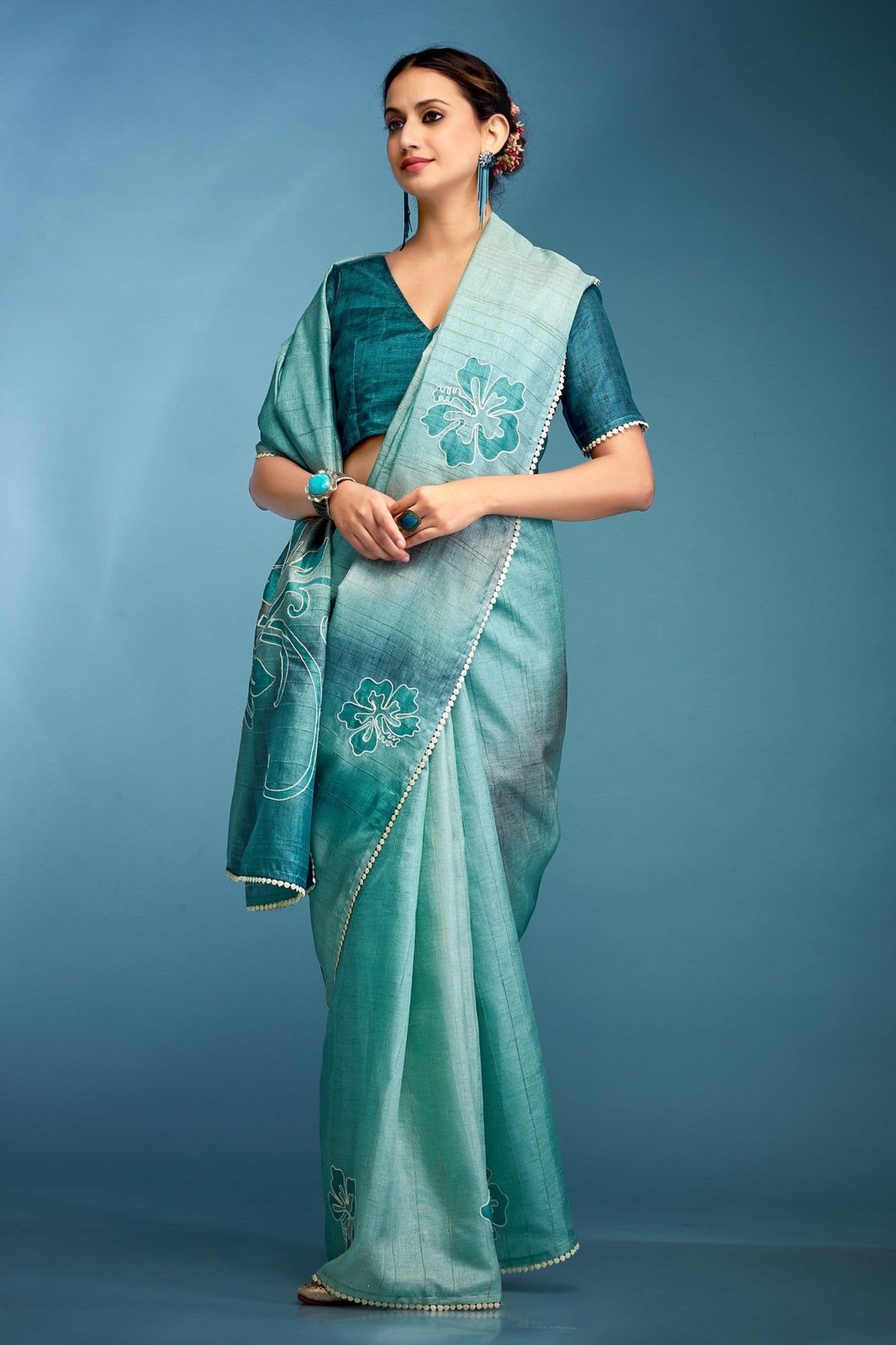 Buy MySilkLove Blue Flax Designer Tussar Silk Saree Online