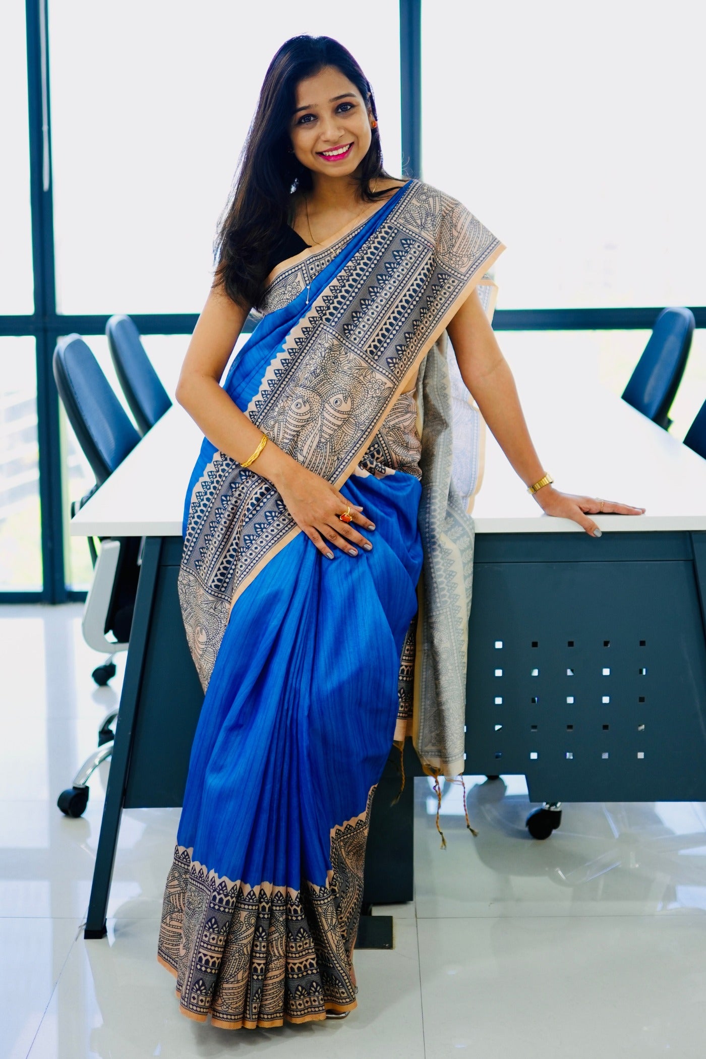 Buy MySilkLove Cobalt Blue Madhubani Printed Silk Saree Online