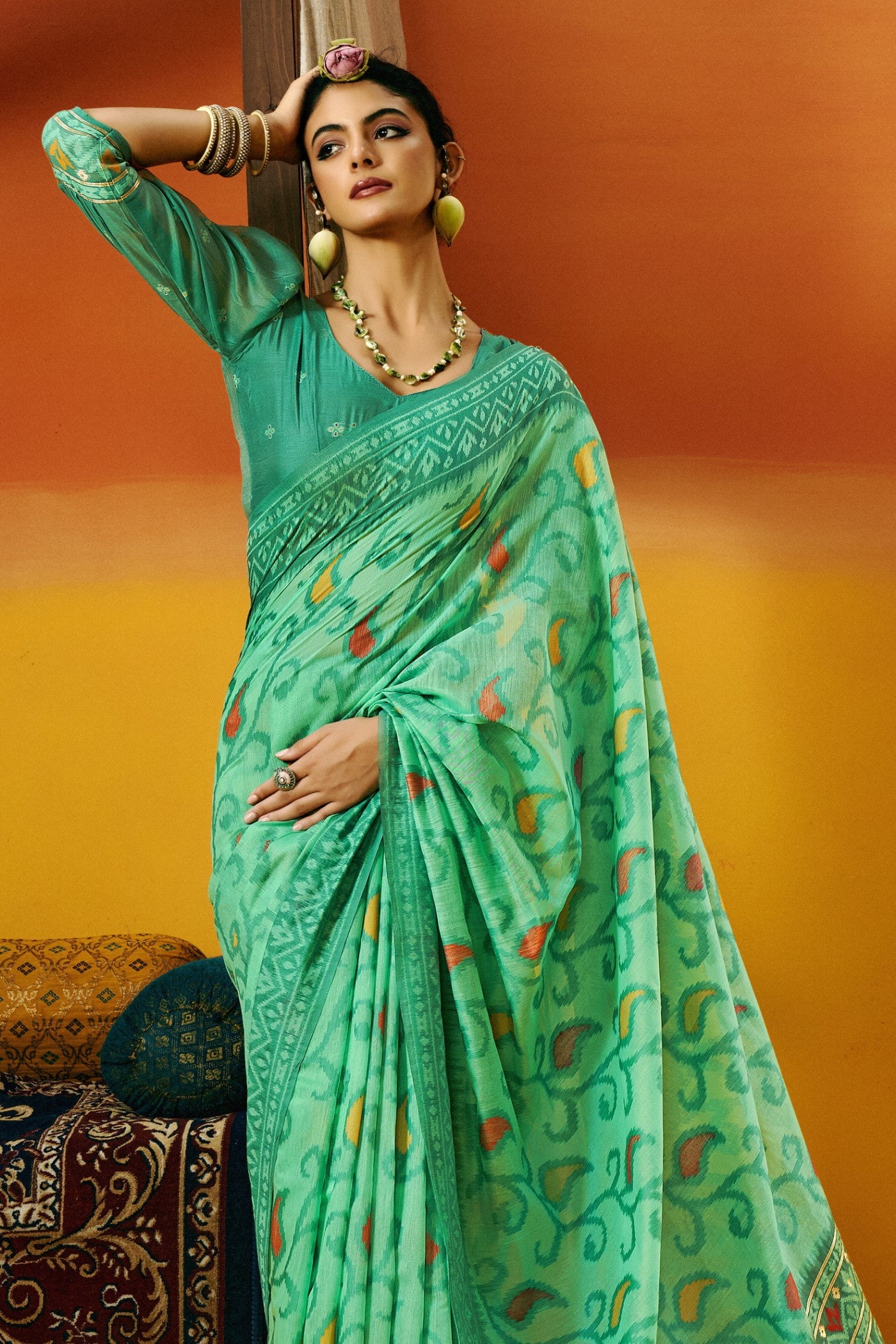 Buy MySilkLove Spruce Green Handloom Jamdani Saree Online