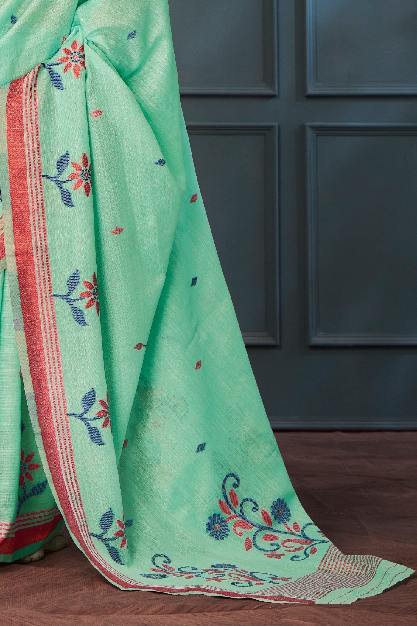 Buy MySilkLove Vista Green Handloom Linen Saree Online