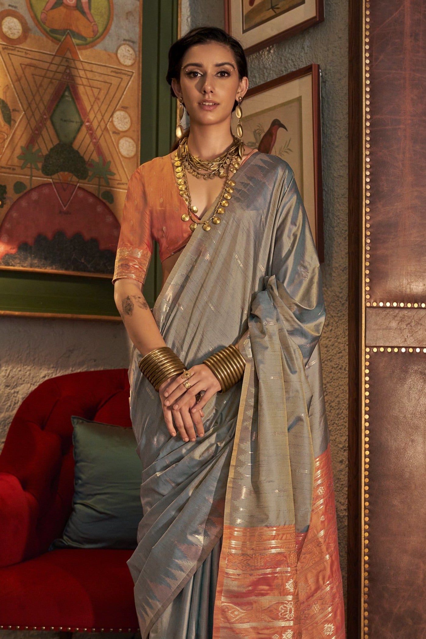 Buy MySilkLove Cloudy Grey Woven Linen Saree Online