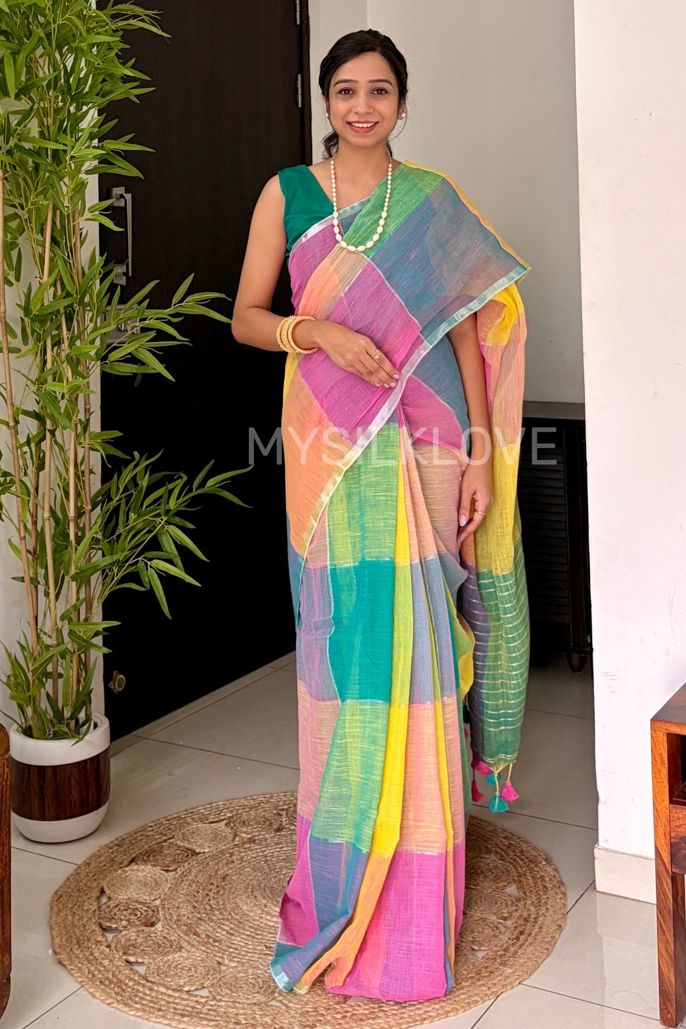 Buy MySilkLove Multicolor Yellow Checks Pattern Pure Linen Cotton Saree Online