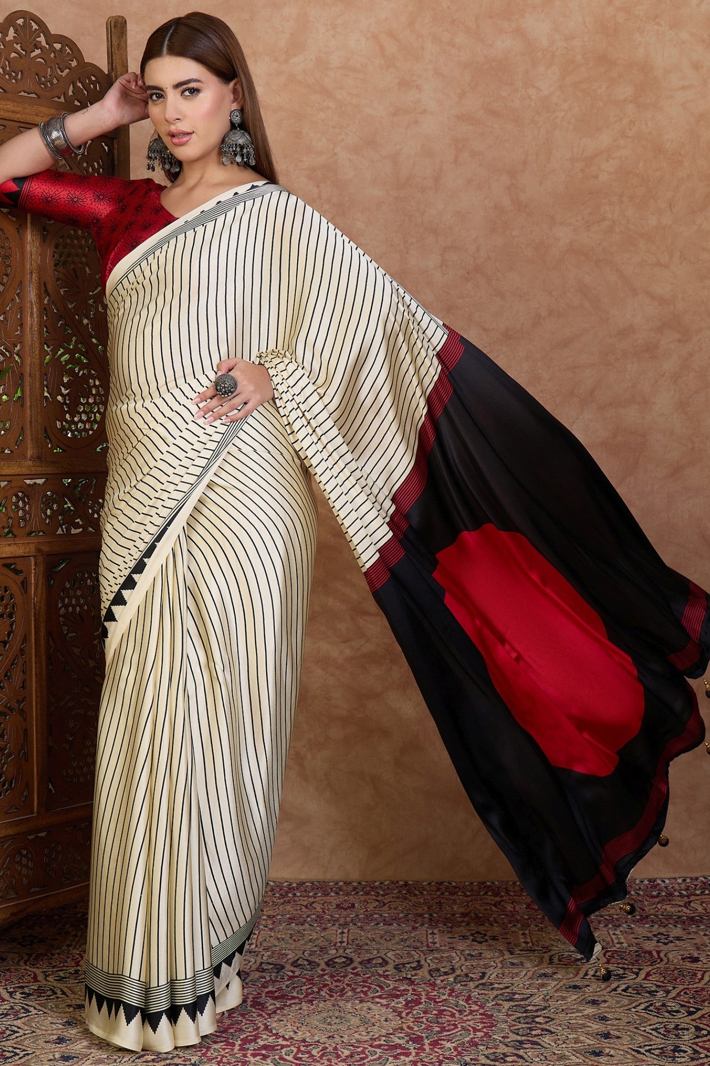 Buy MySilkLove Bone White and Red Stripe Ajrakh Printed Satin Crepe Silk Saree Online
