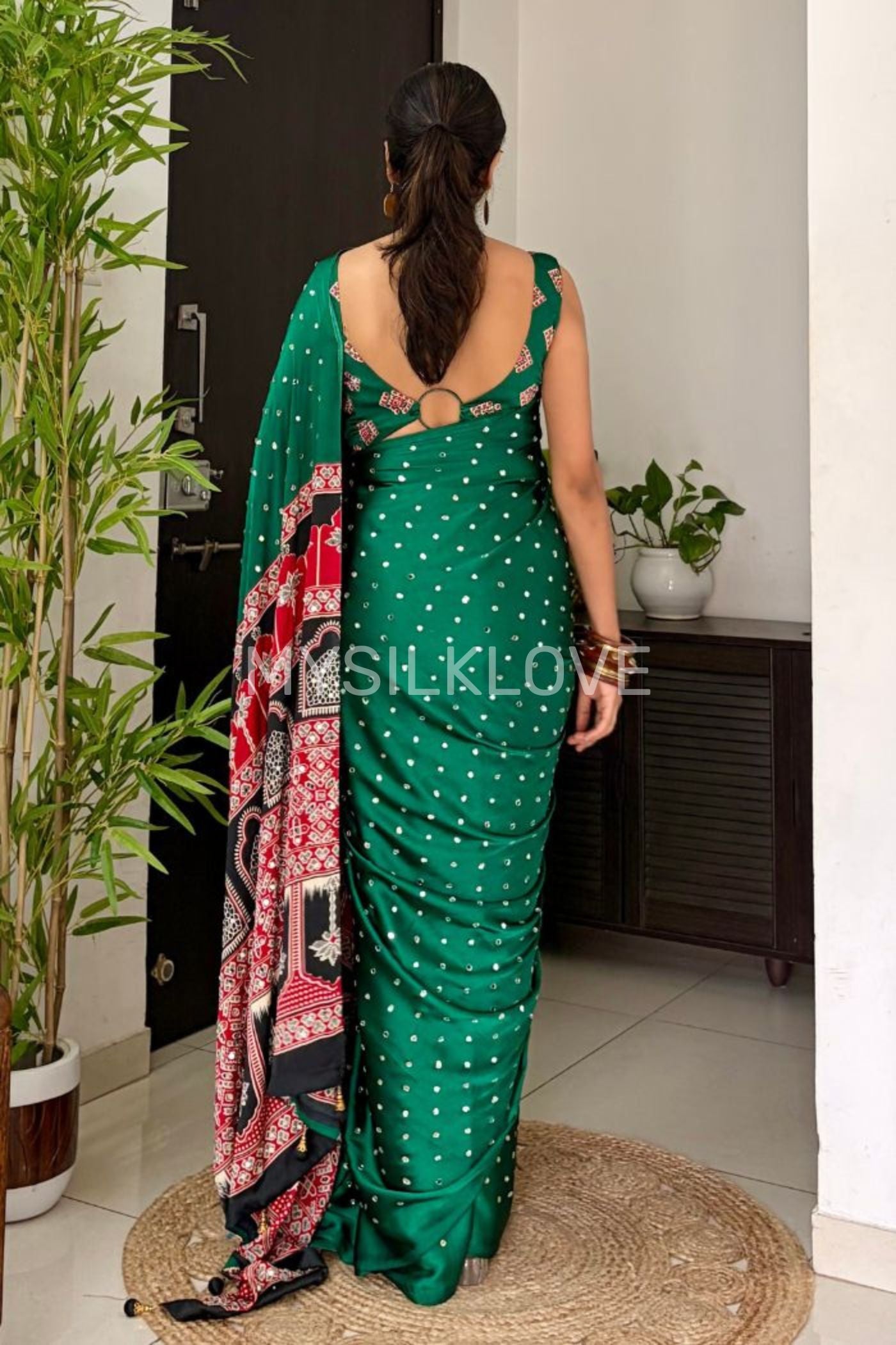 Buy MySilkLove Fire Fly Green Ajrakh Satin Printed Mirror Work Saree Online