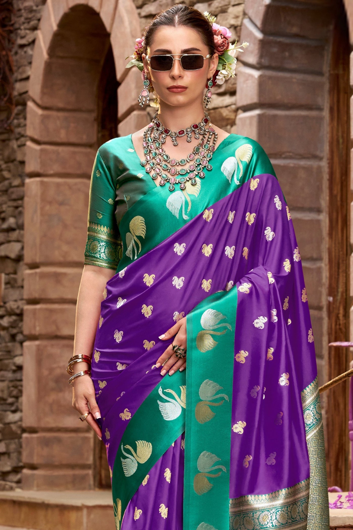 Buy MySilkLove Boston Purple Woven Satin Soft Silk Saree Online