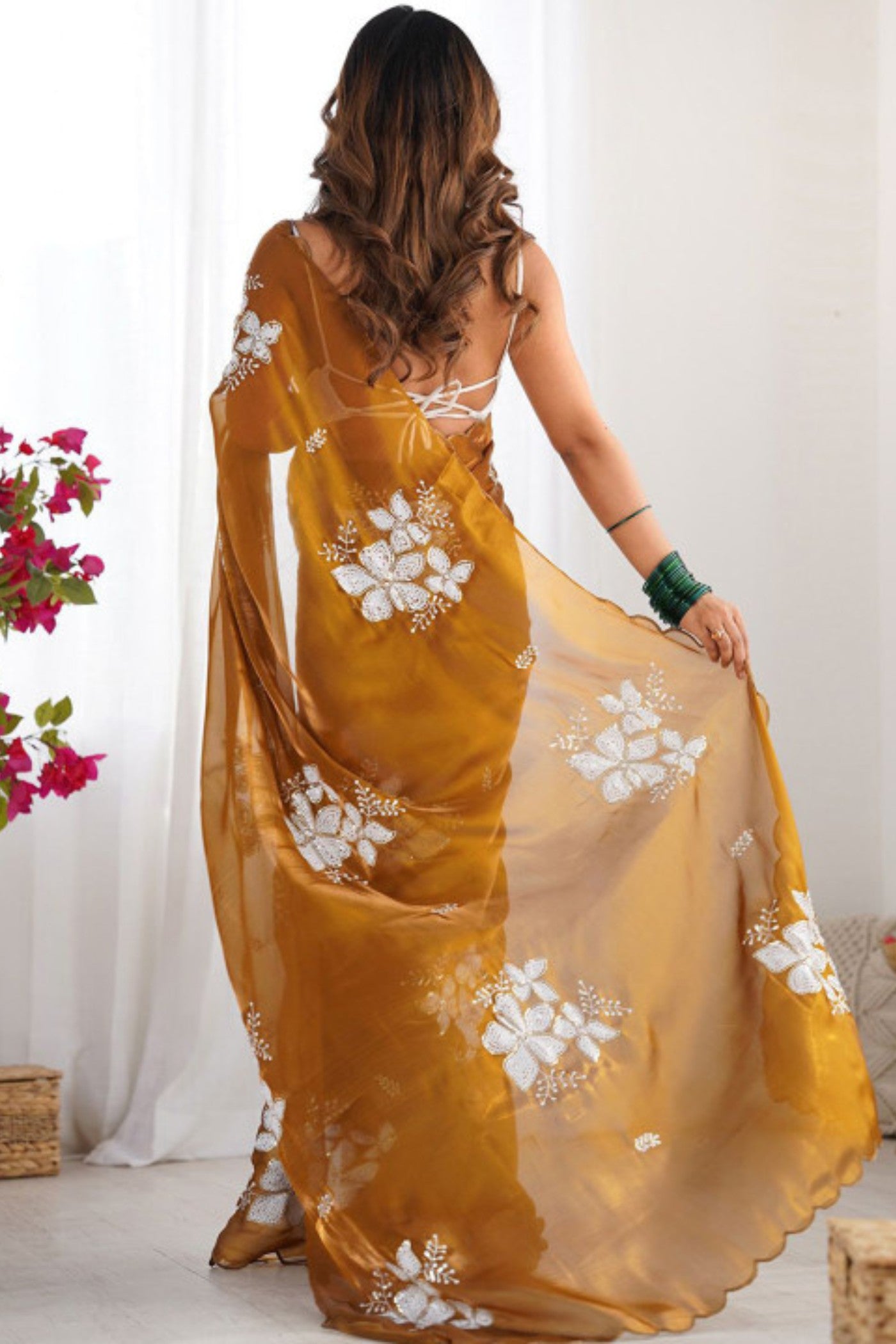 Buy MySilkLove Cognac Brown Floral Partywear Saree Online