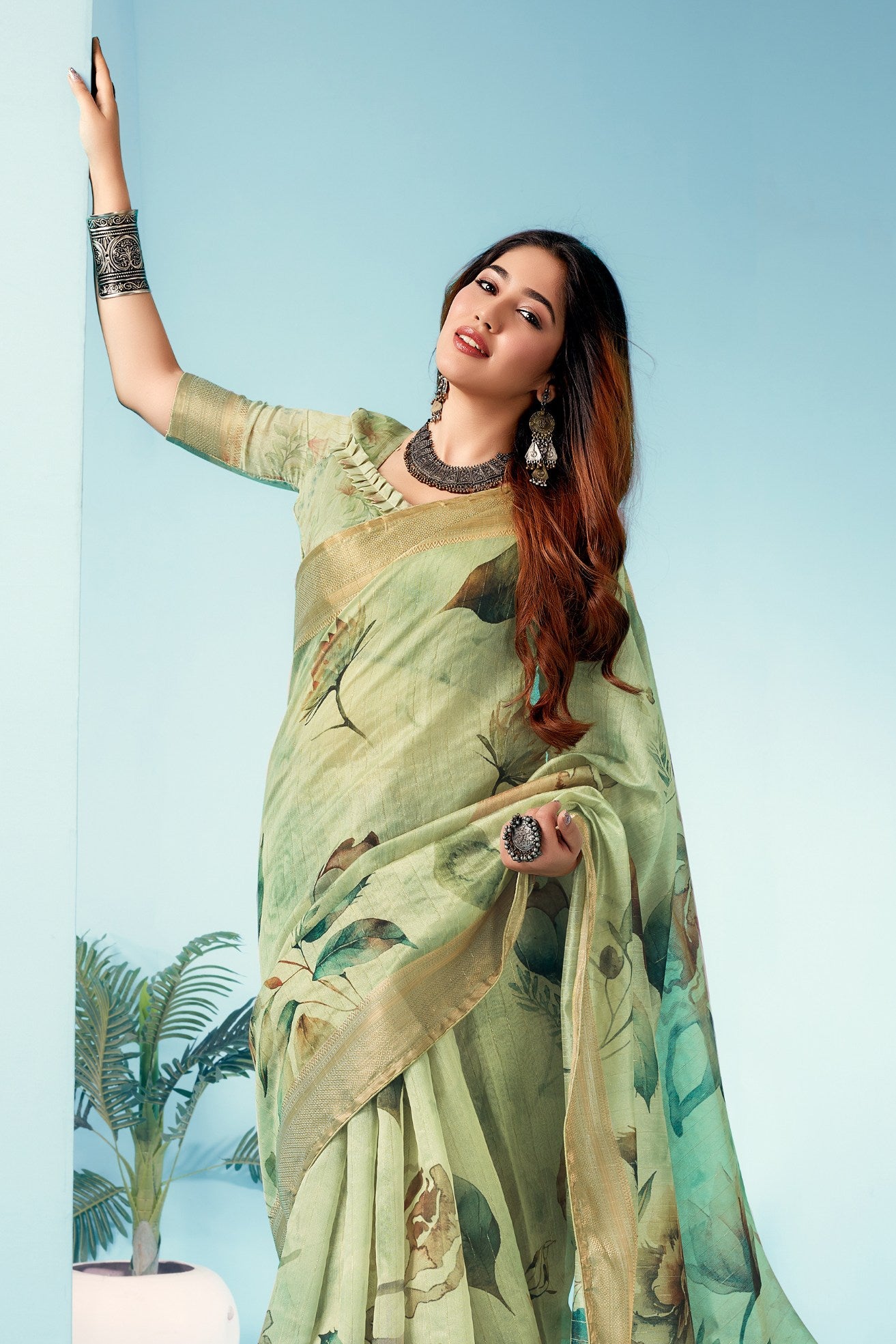 Buy MySilkLove Green Mist Floral Linen Saree Online