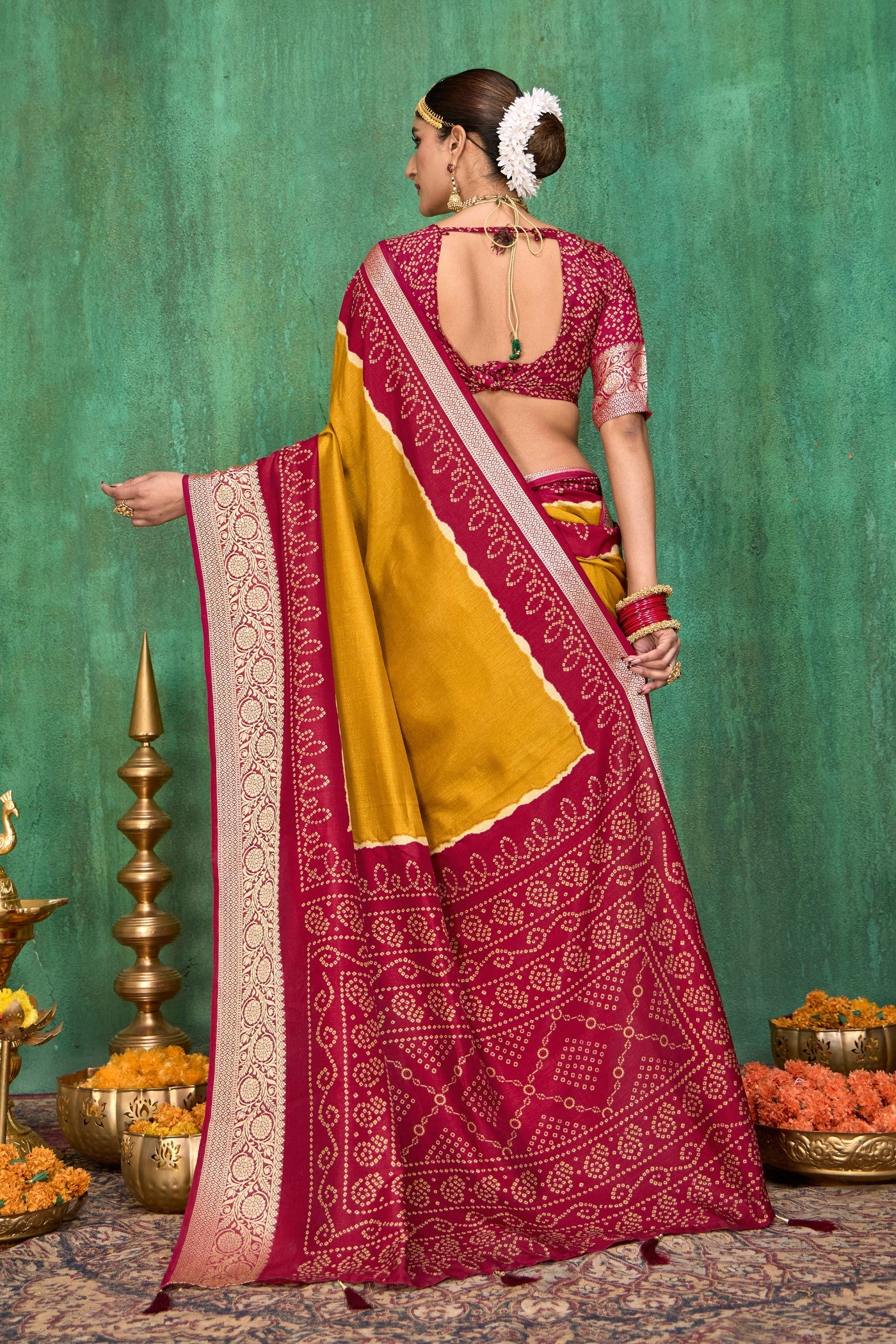 Buy MySilkLove Mustard Yellow Tussar Bandhani Silk Saree Online