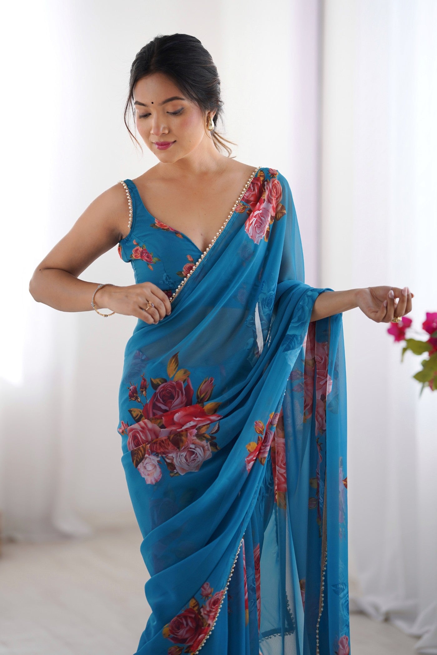 MySilkLove Lobelia Blue Printed Georgette Saree