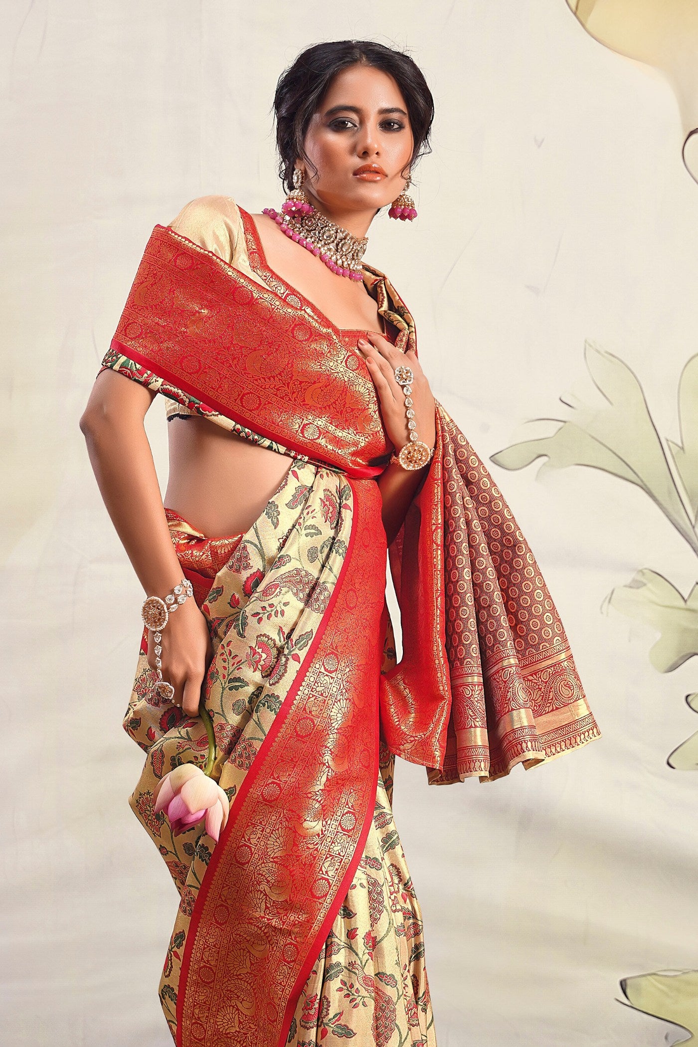 Buy MySilkLove Brandy Cream and Red Woven Banarasi Saree Online