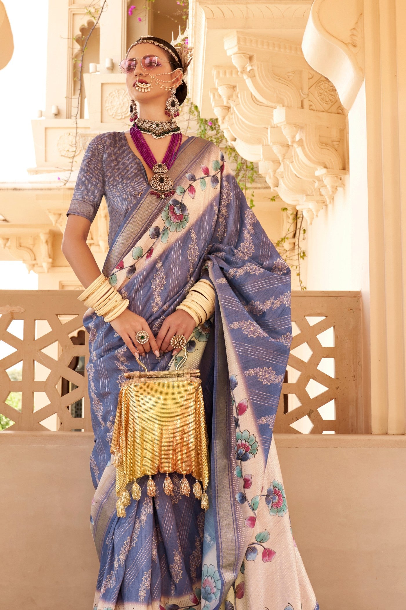 Buy MySilkLove Waterloo Blue Floral Printed Banarasi Saree Online