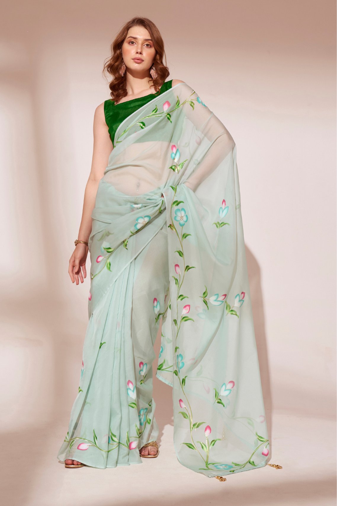 Buy MySilkLove Pewter Green Printed Organza Saree Online