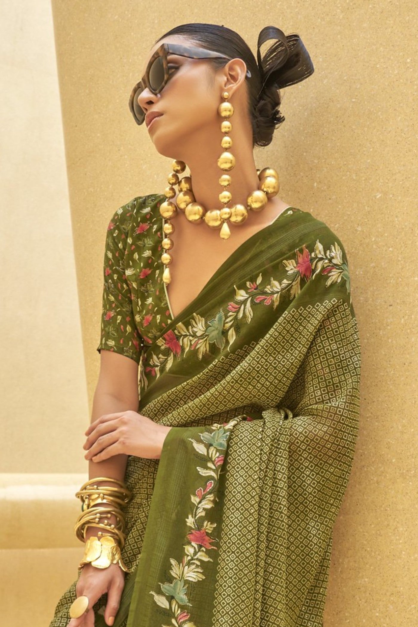 Buy MySilkLove Pine Green Georgette Printed Saree Online