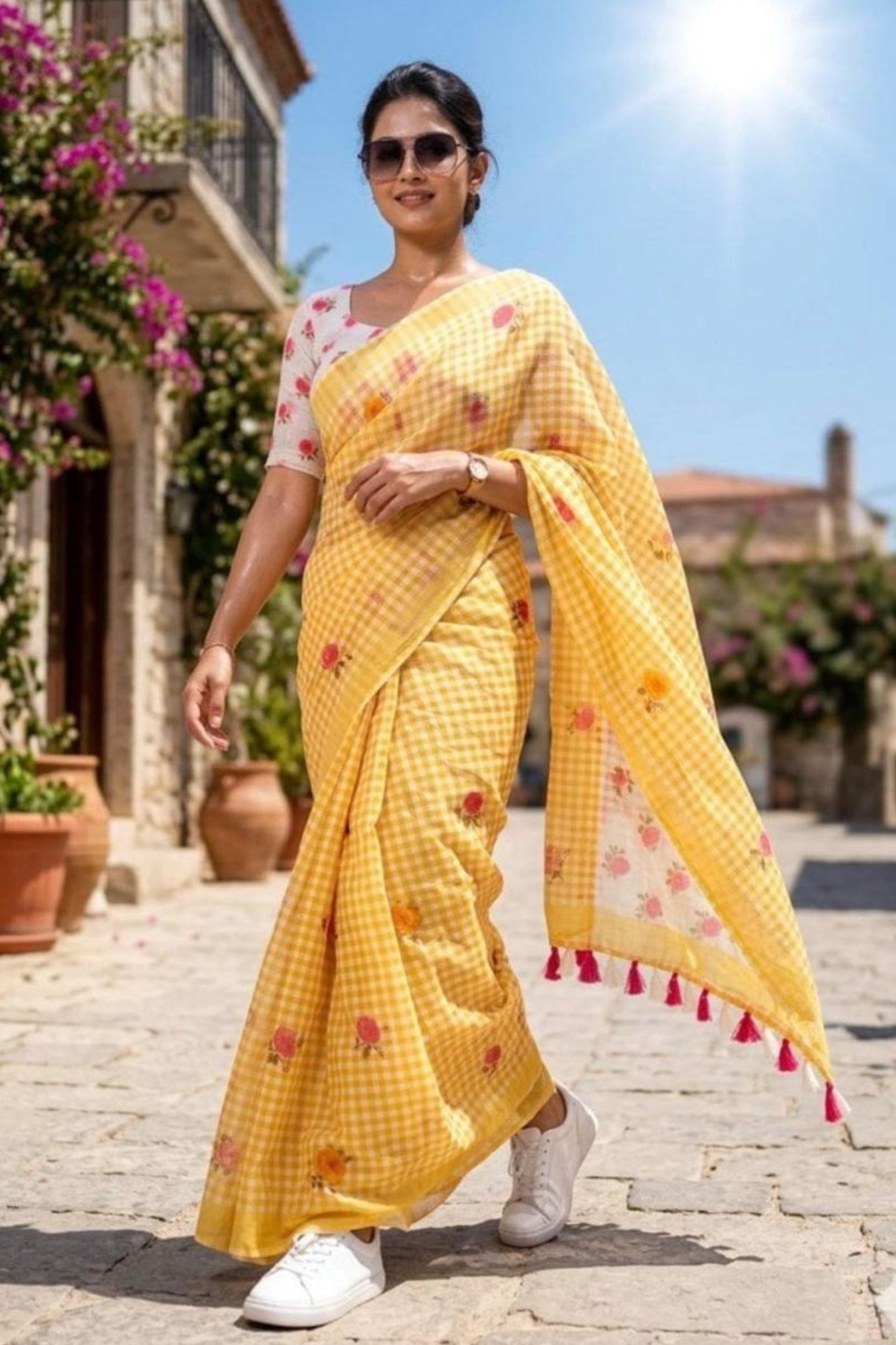 Buy MySilkLove Tulip Yellow Soft Linen Cotton Pinted Saree Online