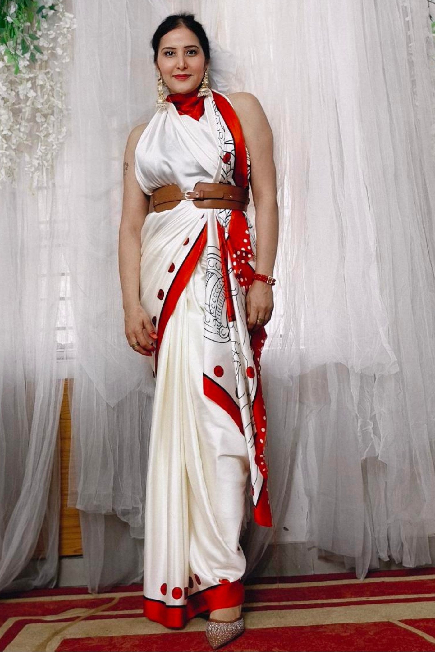 MySilkLove Foggy White and Red Printed Satin Crepe Silk Saree