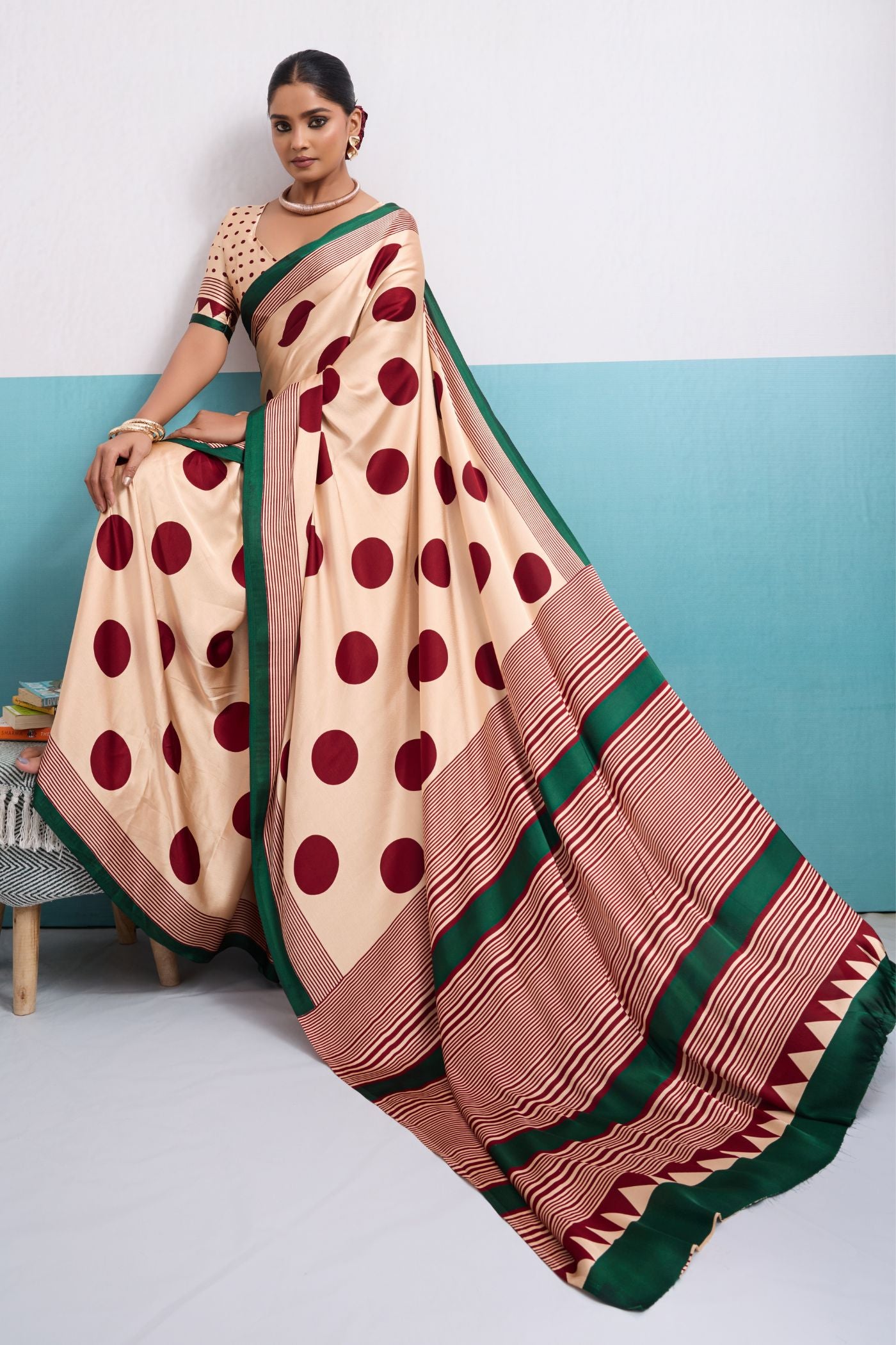 Buy MySilkLove Moonlight Cream and Maroon Polka Dots Satin Crepe Saree Online