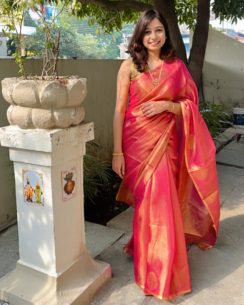 Jelly Bean Pink Zari Woven Banarasi Tissue Silk Saree