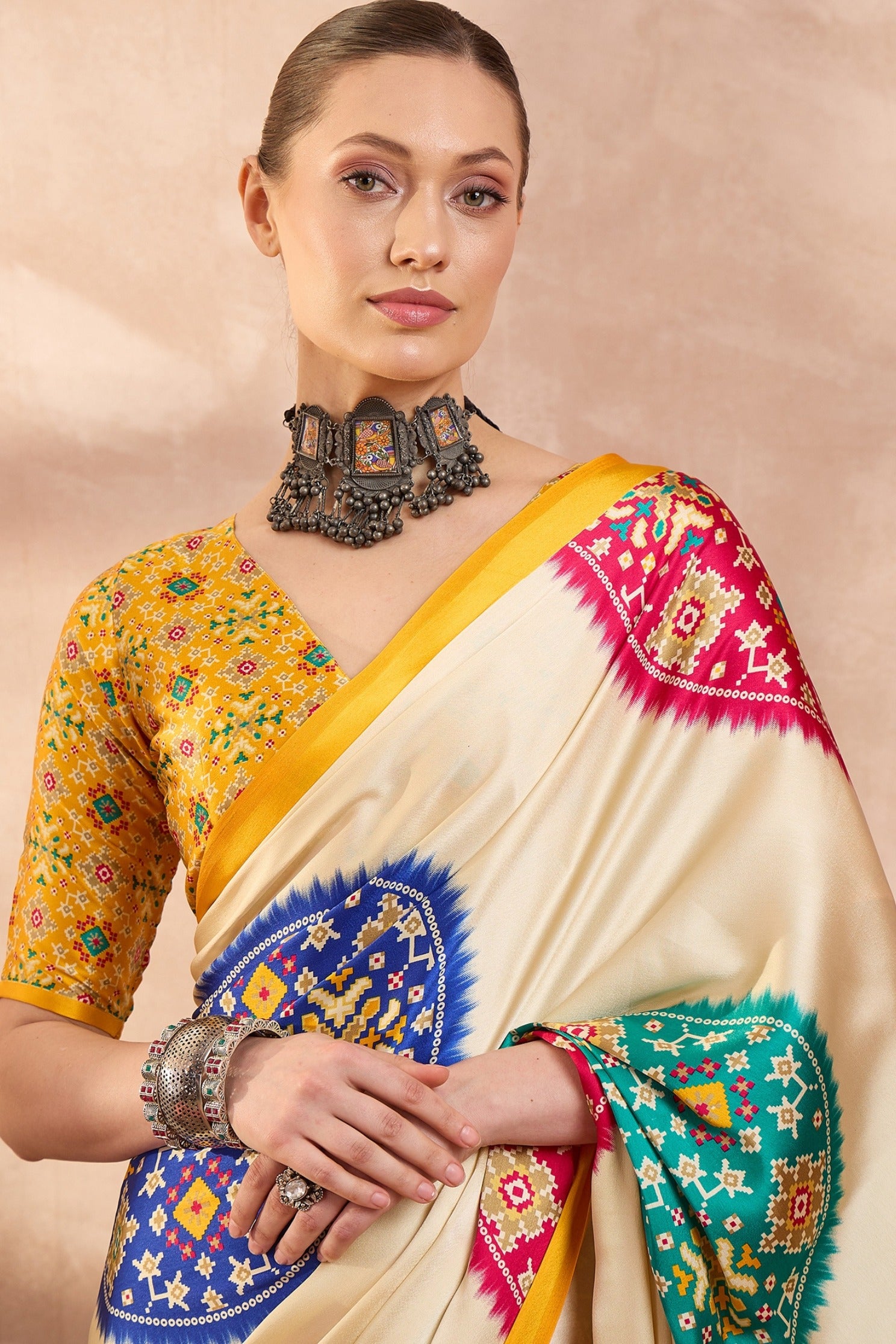 MySilkLove Seashell Cream and Yellow Modal Ajrakh Printed Silk Saree