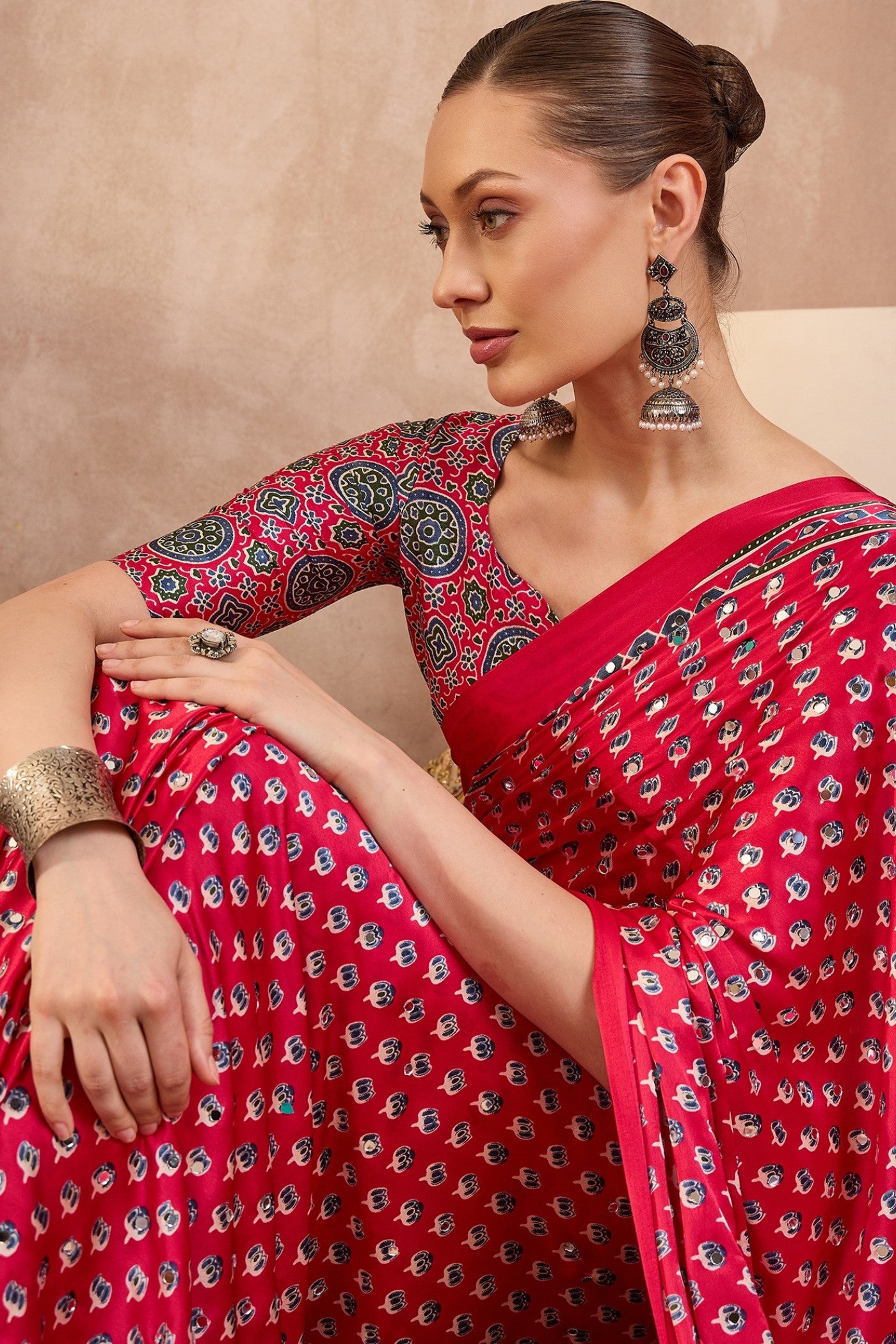 Buy MySilkLove Barn Red Modal Ajrakh Satin Printed Silk Saree Online