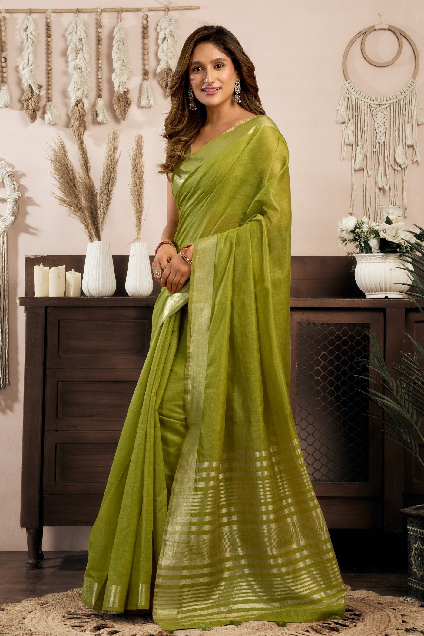 Buy MySilkLove Myrtle Green Handloom Cotton Saree Online