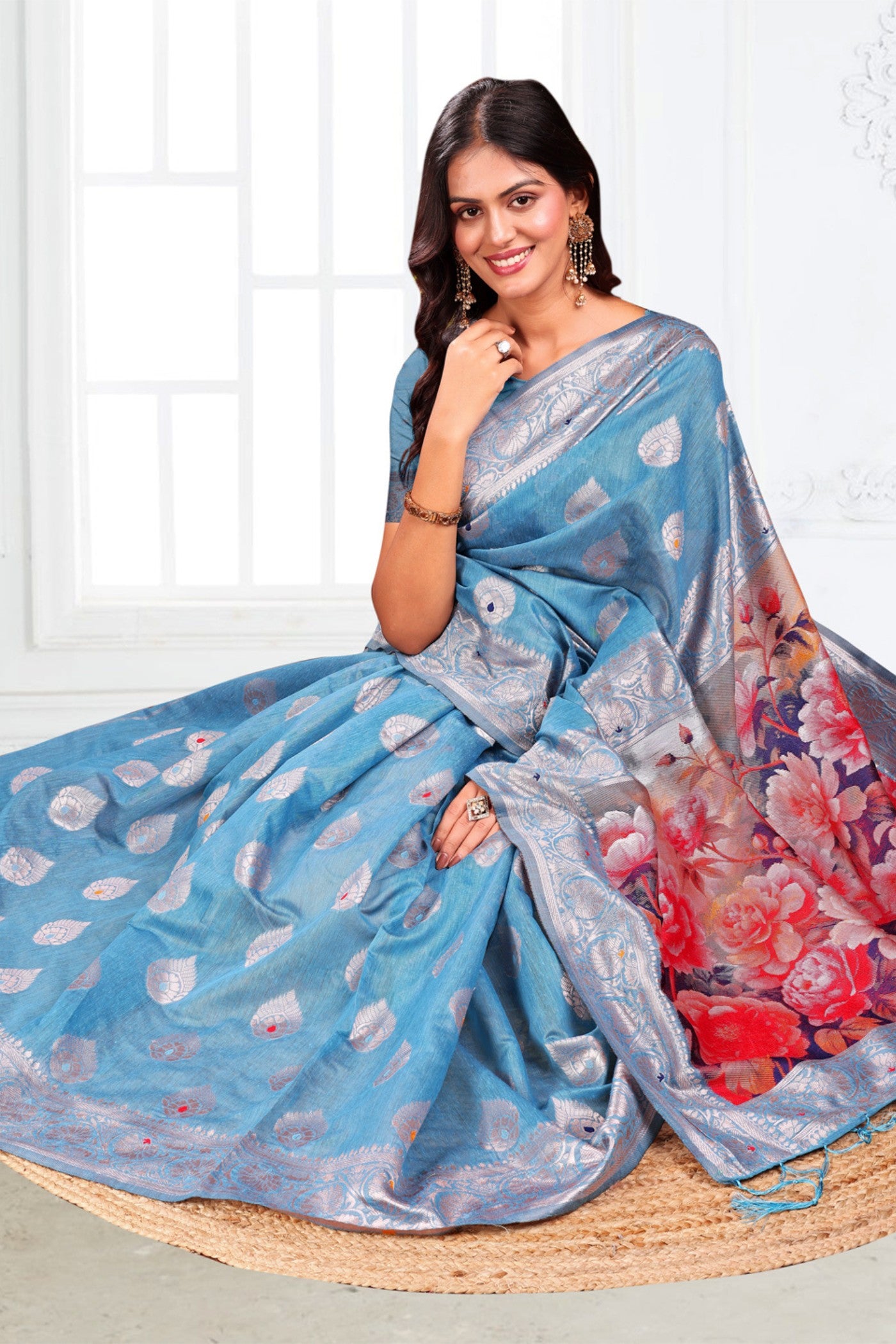 MySilkLove Swiming Blue Woven Linen Cotton Saree