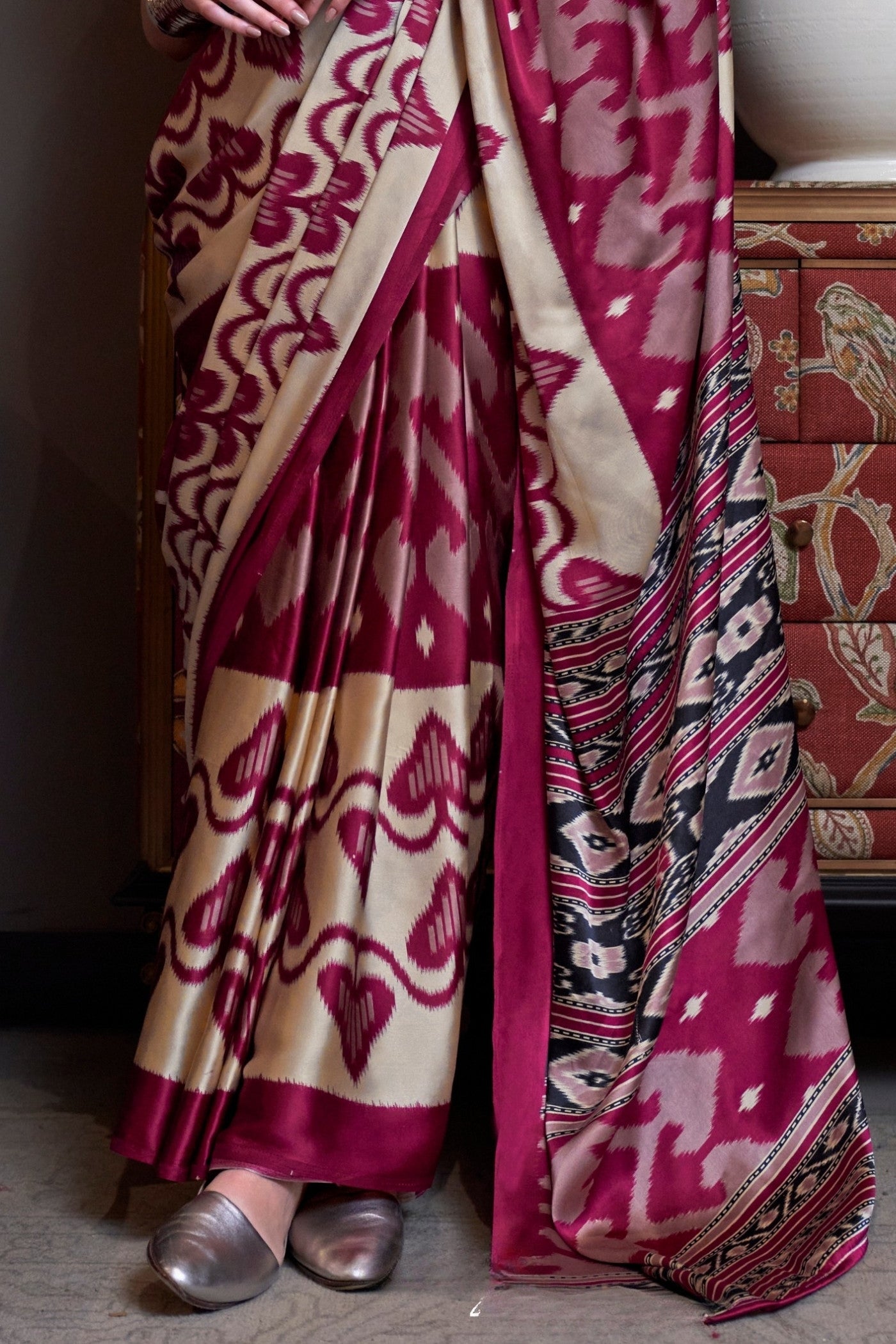 Buy MySilkLove Aesthetic Maroon Patola Printed Satin Crepe Saree Online