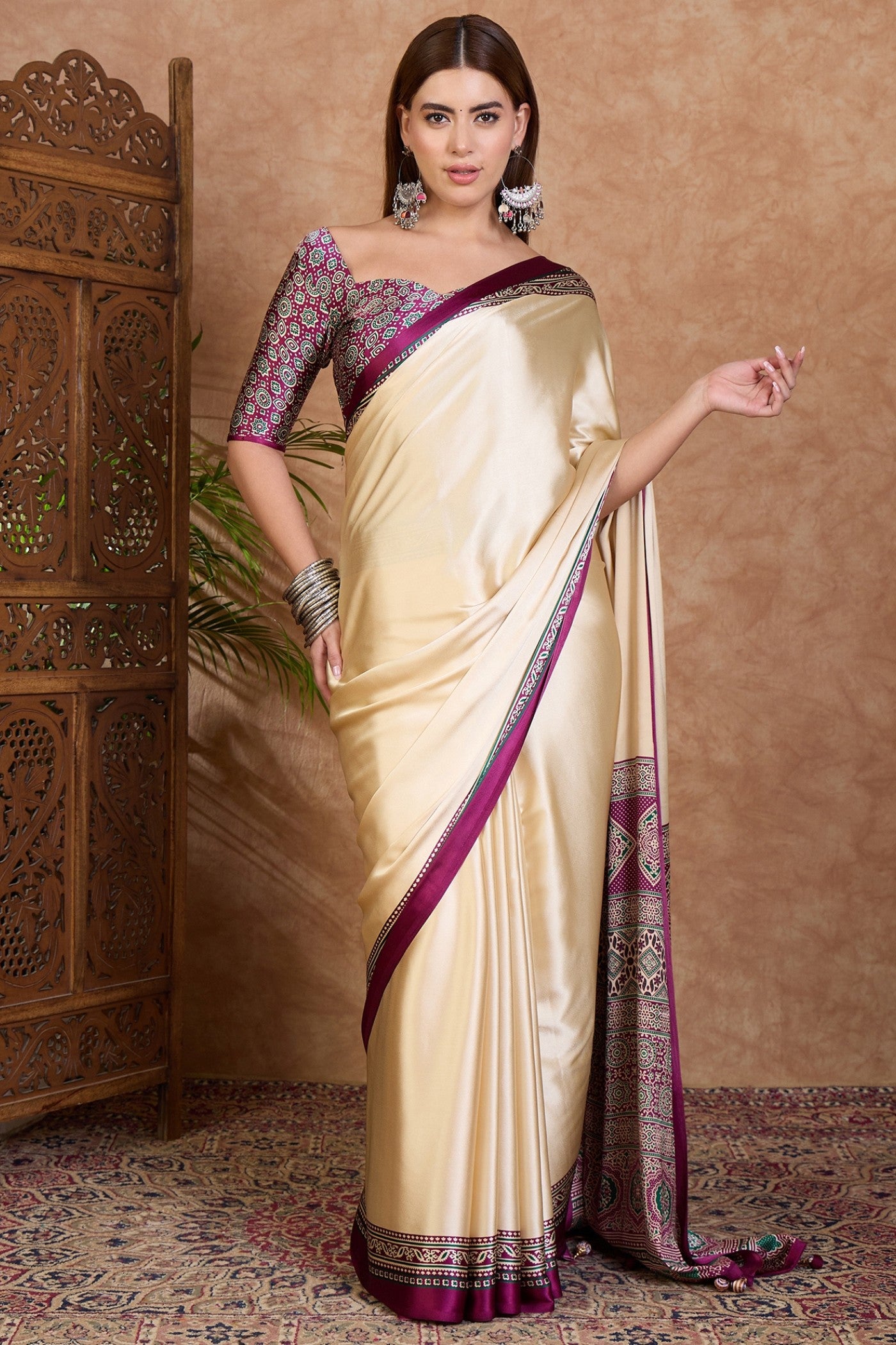 Buy MySilkLove Alabaster Cream and Purple Ajrakh Printed Satin Crepe Silk Saree Online