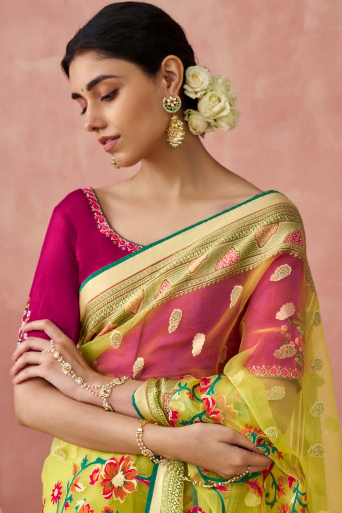 Buy MySilkLove Equator Yellow Brasso Organza Printed Saree Online