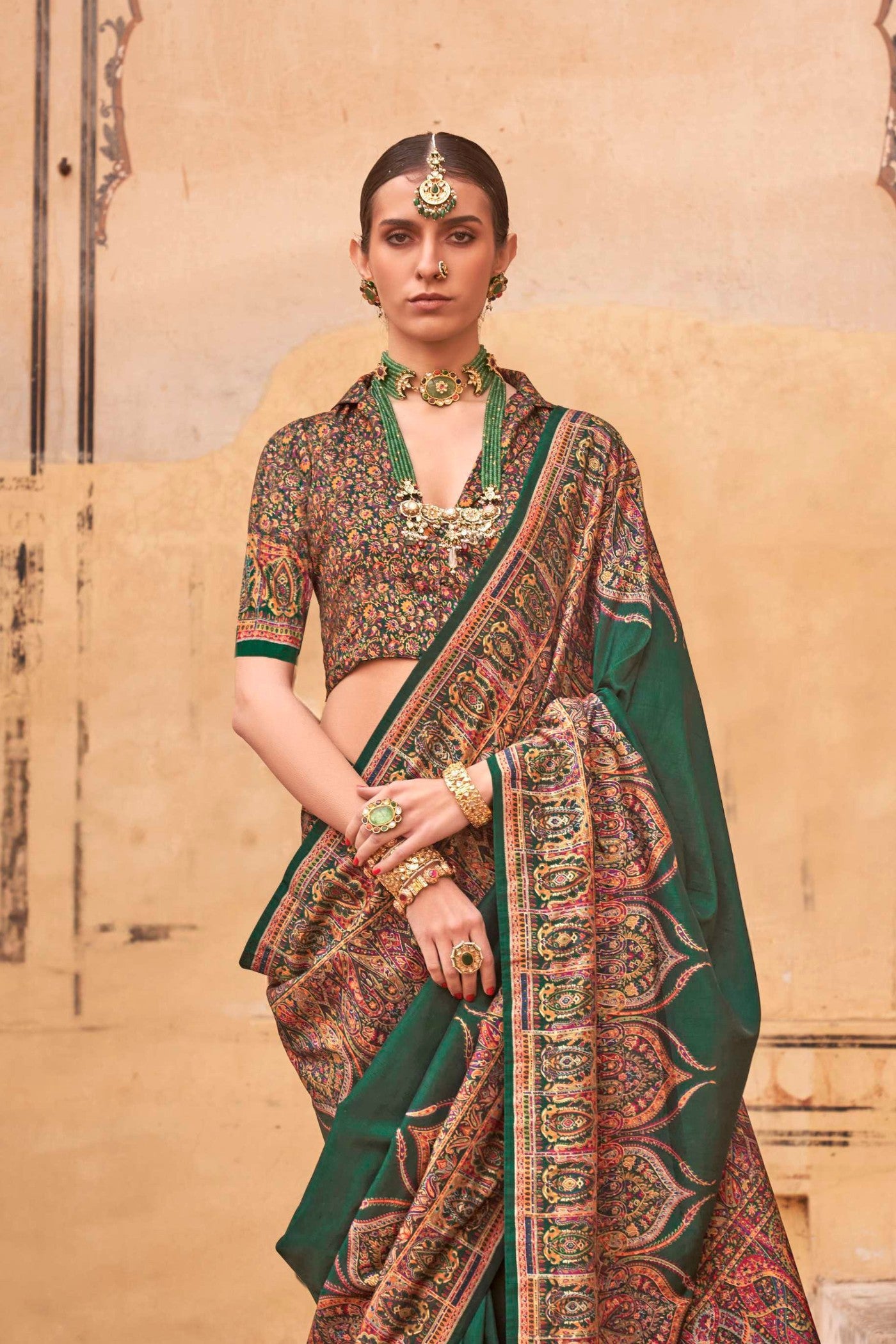 Buy MySilkLove Rifle Green Printed Jamawar Saree Online