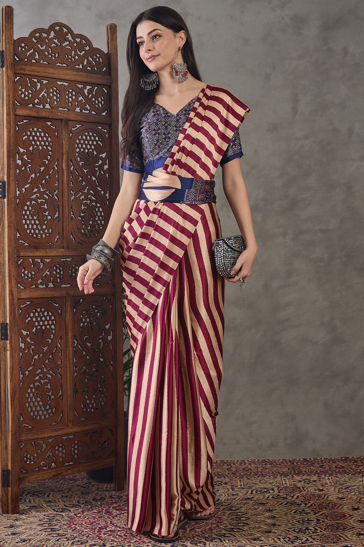 Buy MySilkLove Ruby Red Stripe Ajrakh Printed Satin Gaji Silk Saree Online