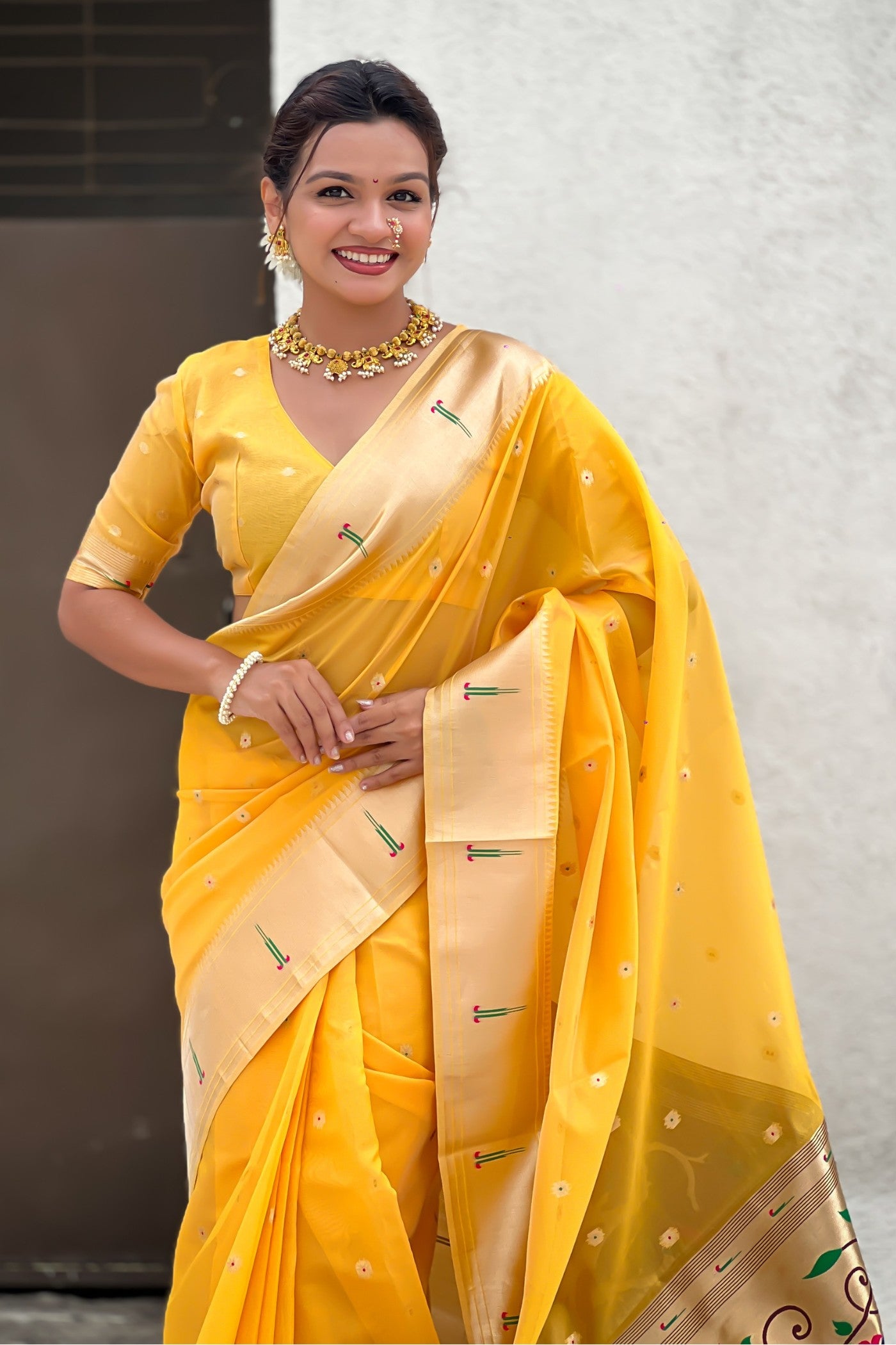 Buy MySilkLove Amber Yellow Organza Woven Paithani Saree Online