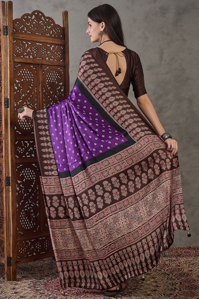 Buy MySilkLove Dark Violet Purple Ajrakh Printed Satin Gaji Silk Saree Online